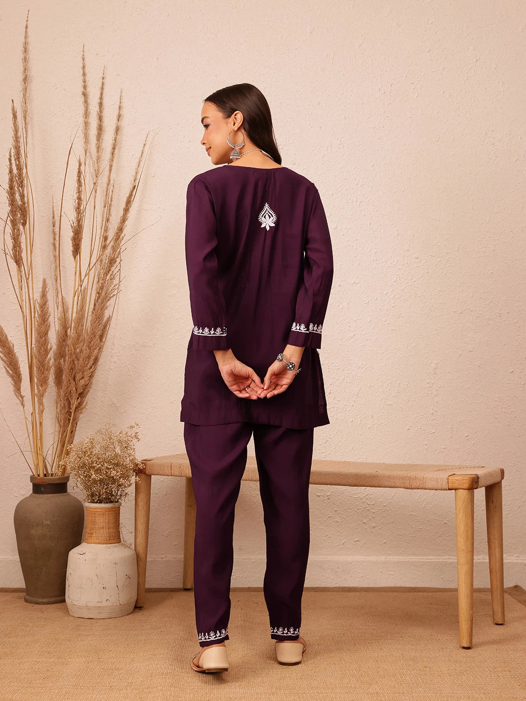 Ada Hand Embroidered Wine Cotton Lucknowi Chikankari Co-Ord Set A811294