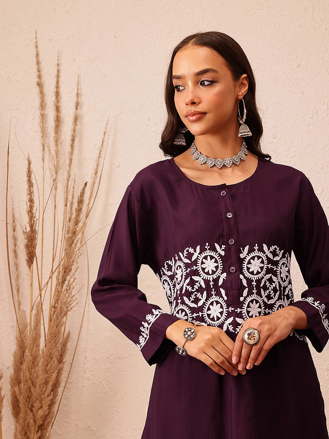 Ada Hand Embroidered Wine Cotton Lucknowi Chikankari Co-Ord Set A811294