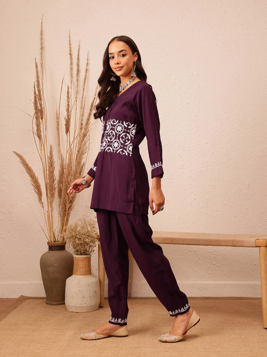 Ada Hand Embroidered Wine Cotton Lucknowi Chikankari Co-Ord Set A811294