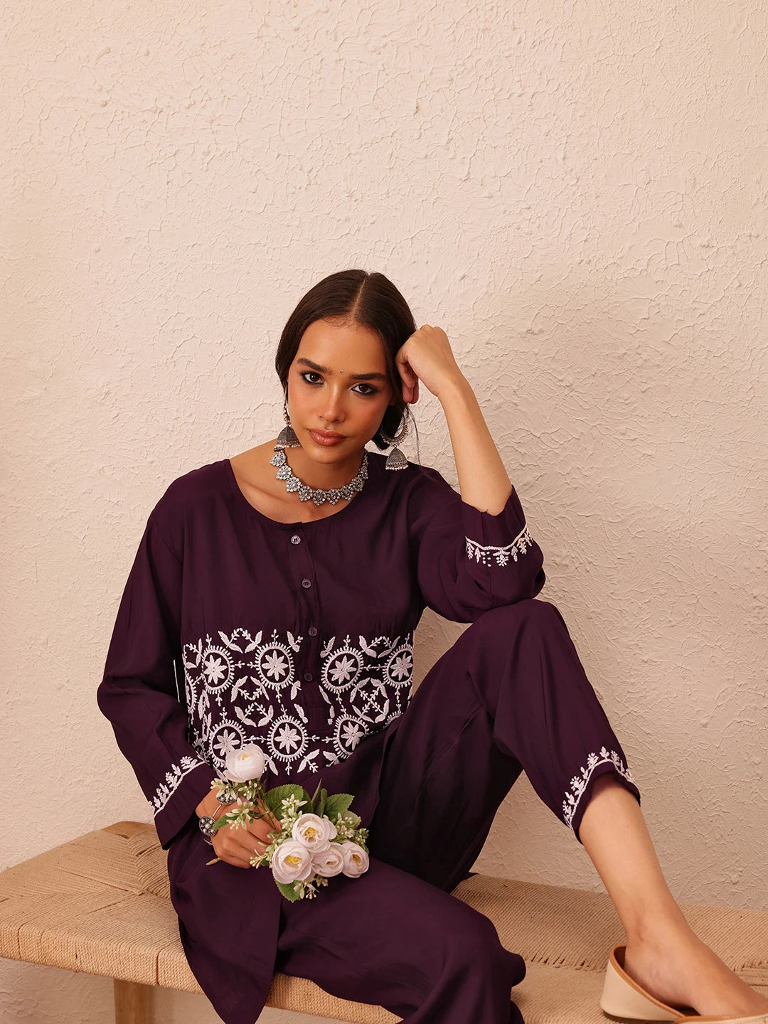 Ada Hand Embroidered Wine Cotton Lucknowi Chikankari Co-Ord Set A811294