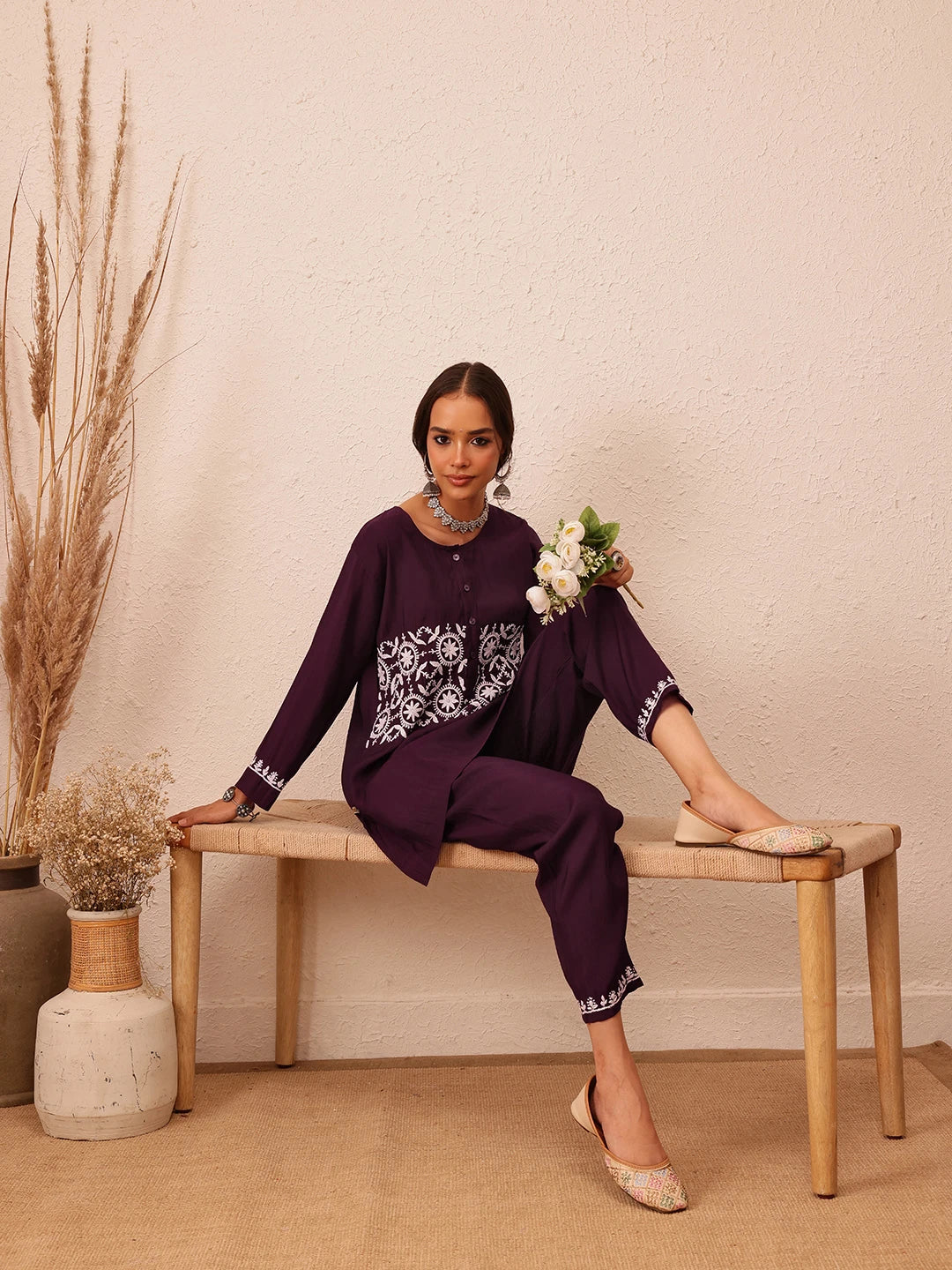 Ada Hand Embroidered Wine Cotton Lucknowi Chikankari Co-Ord Set A811294