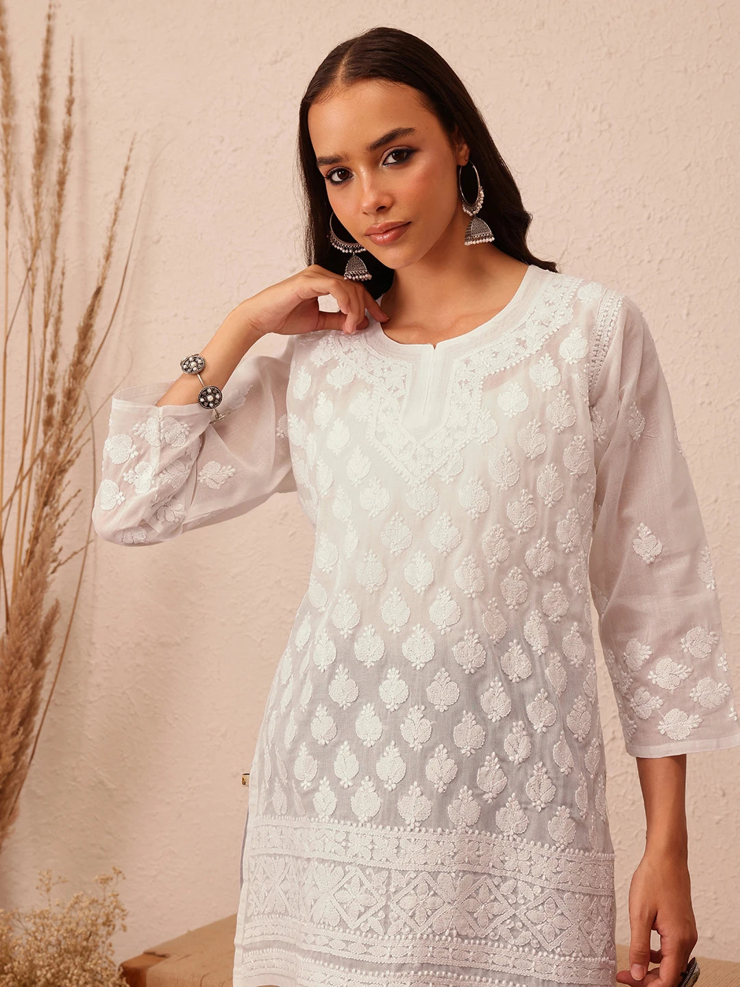 Ada Hand Embroidered White Cotton Lucknowi Chikankari Short Kurti A911430