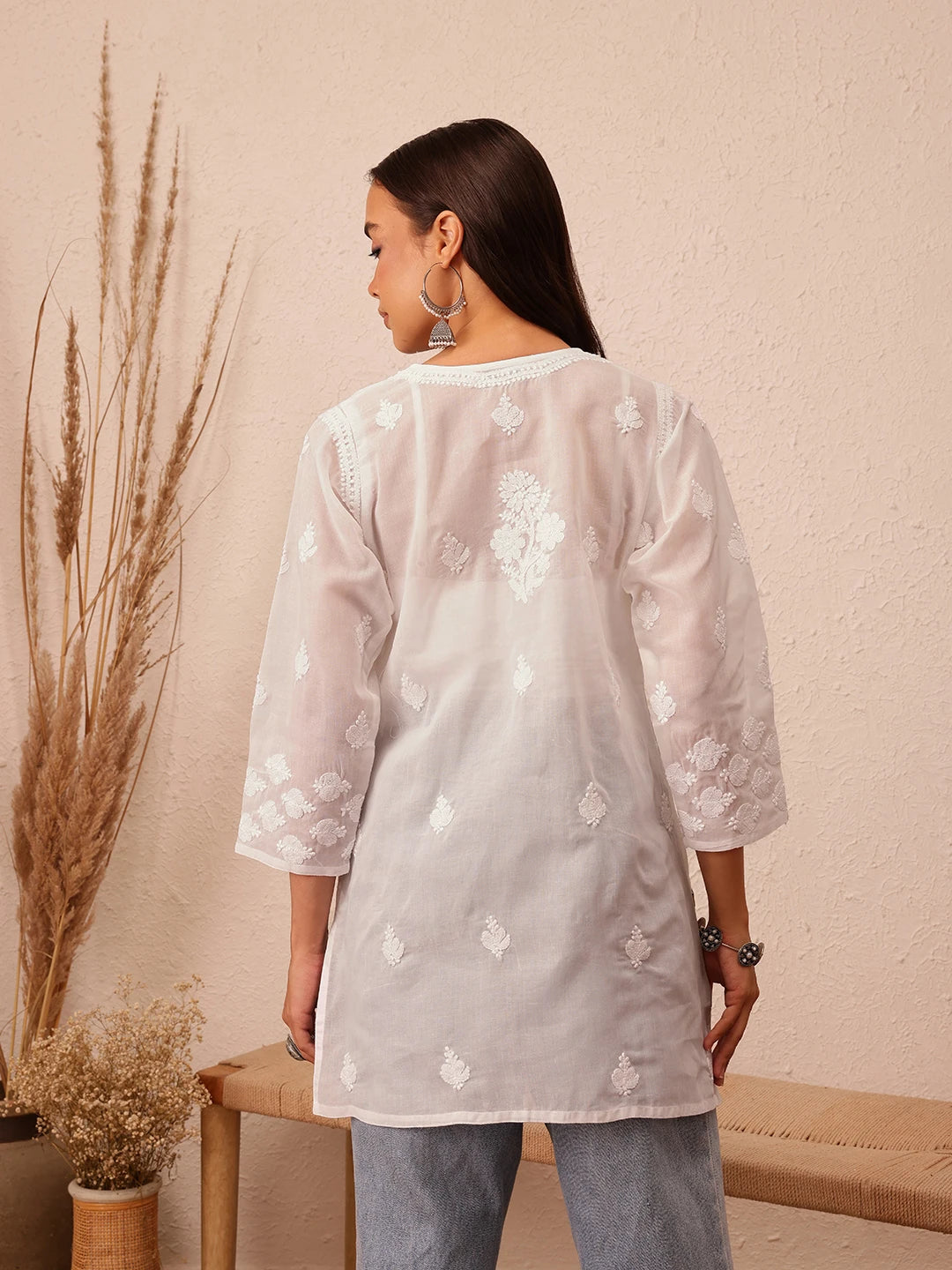 Ada Hand Embroidered White Cotton Lucknowi Chikankari Short Kurti A911430