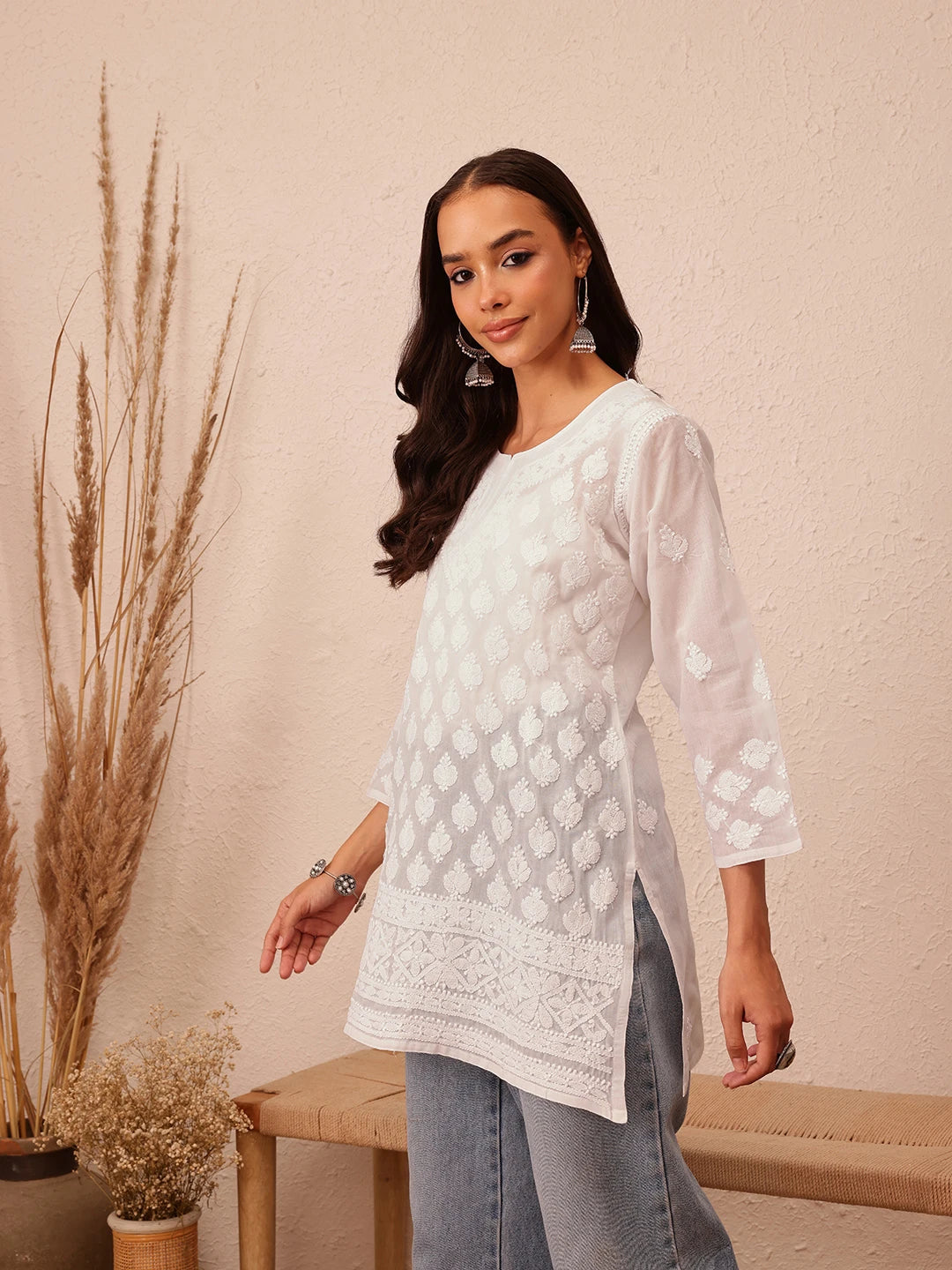 Ada Hand Embroidered White Cotton Lucknowi Chikankari Short Kurti A911430