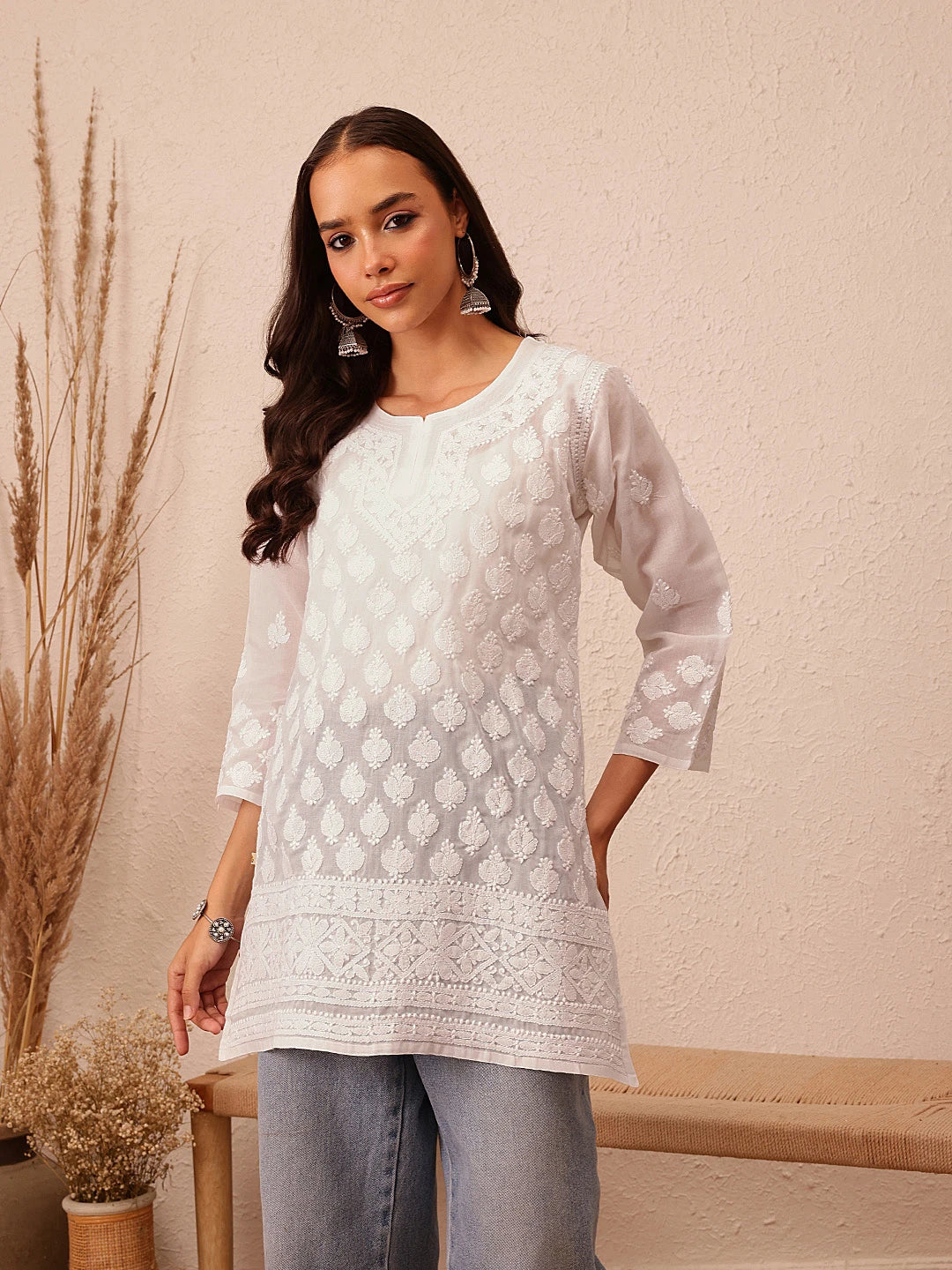 Ada Hand Embroidered White Cotton Lucknowi Chikankari Short Kurti A911430