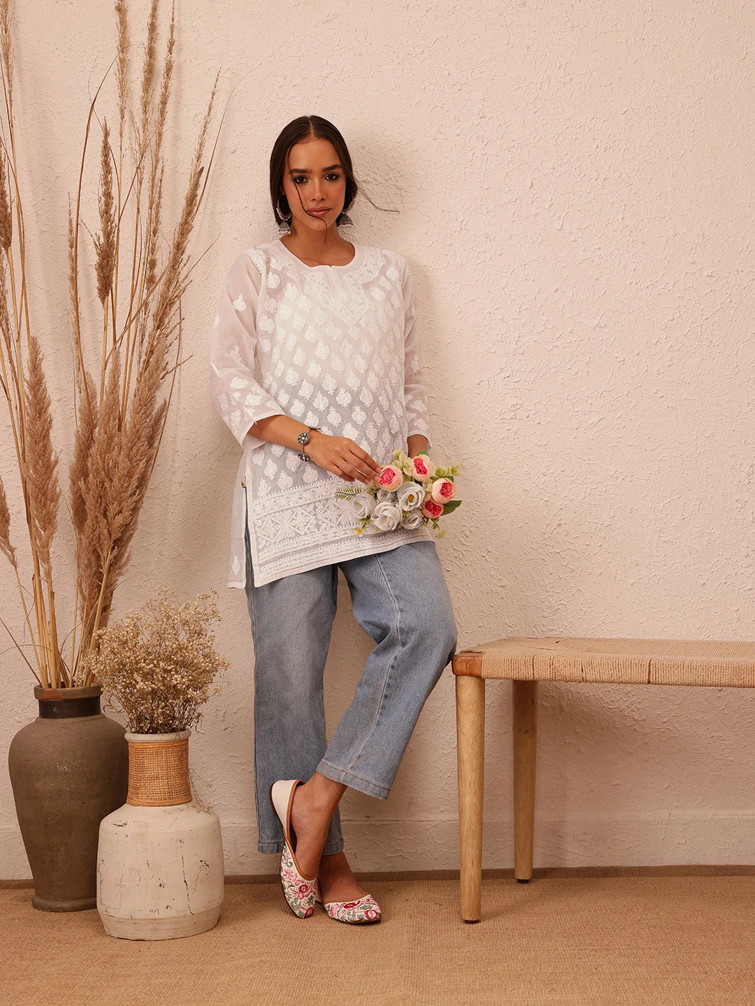 Ada Hand Embroidered White Cotton Lucknowi Chikankari Short Kurti A911430
