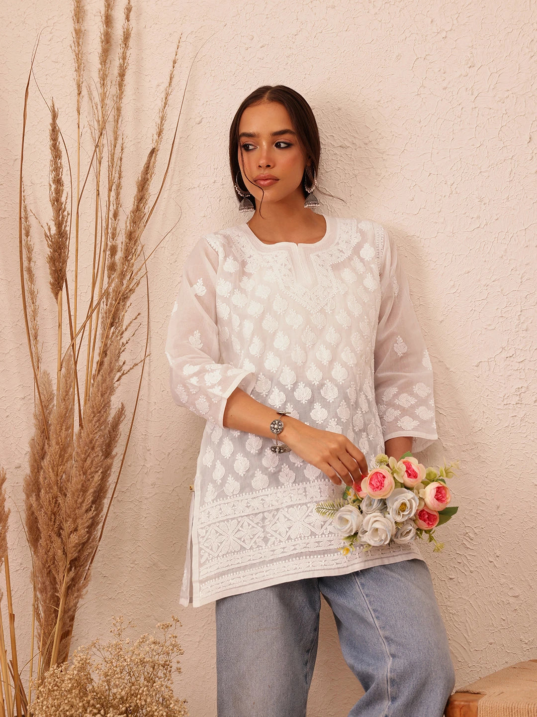 Ada Hand Embroidered White Cotton Lucknowi Chikankari Short Kurti A911430