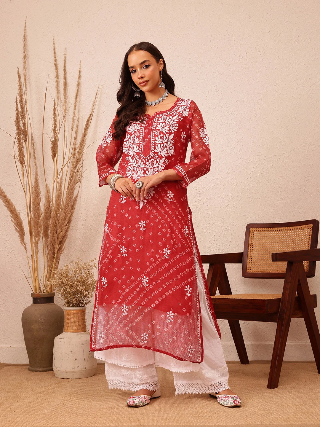 Ada Hand Embroidered Bandhani Printed Red Kota Lucknowi Chikankari Straight Kurta With Slip A411713