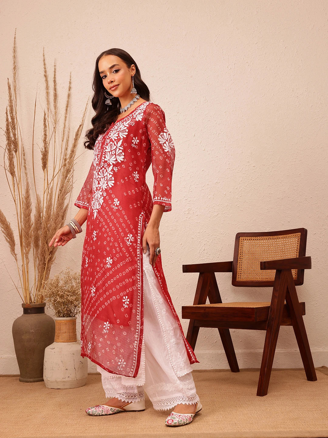 Ada Hand Embroidered Bandhani Printed Red Kota Lucknowi Chikankari Straight Kurta With Slip A411713