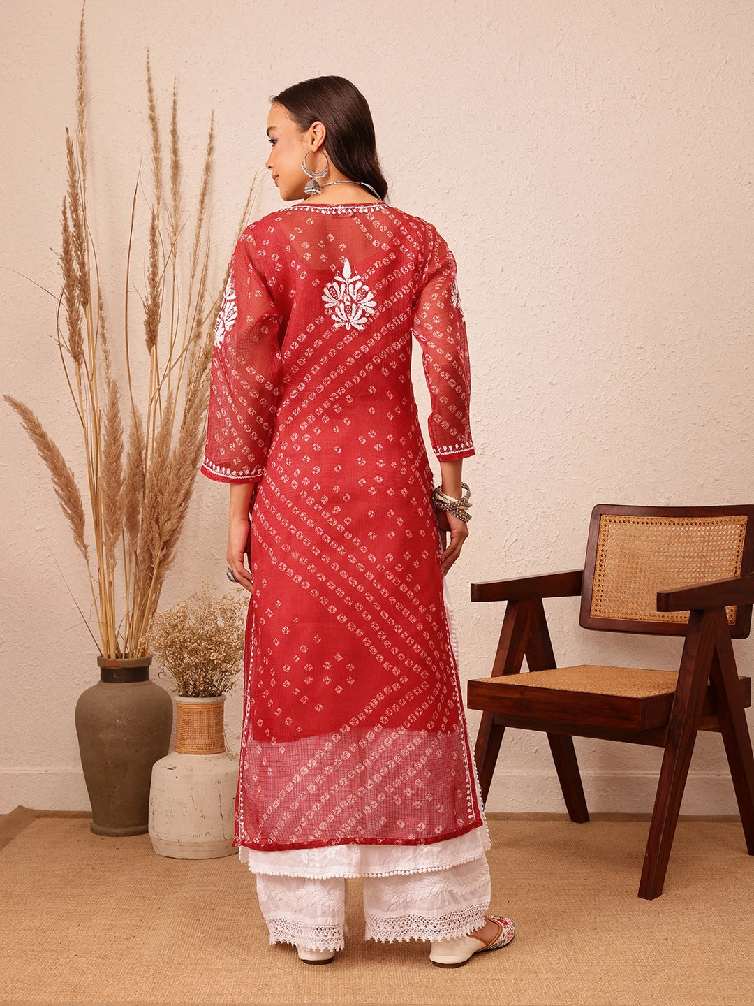 Ada Hand Embroidered Bandhani Printed Red Kota Lucknowi Chikankari Straight Kurta With Slip A411713