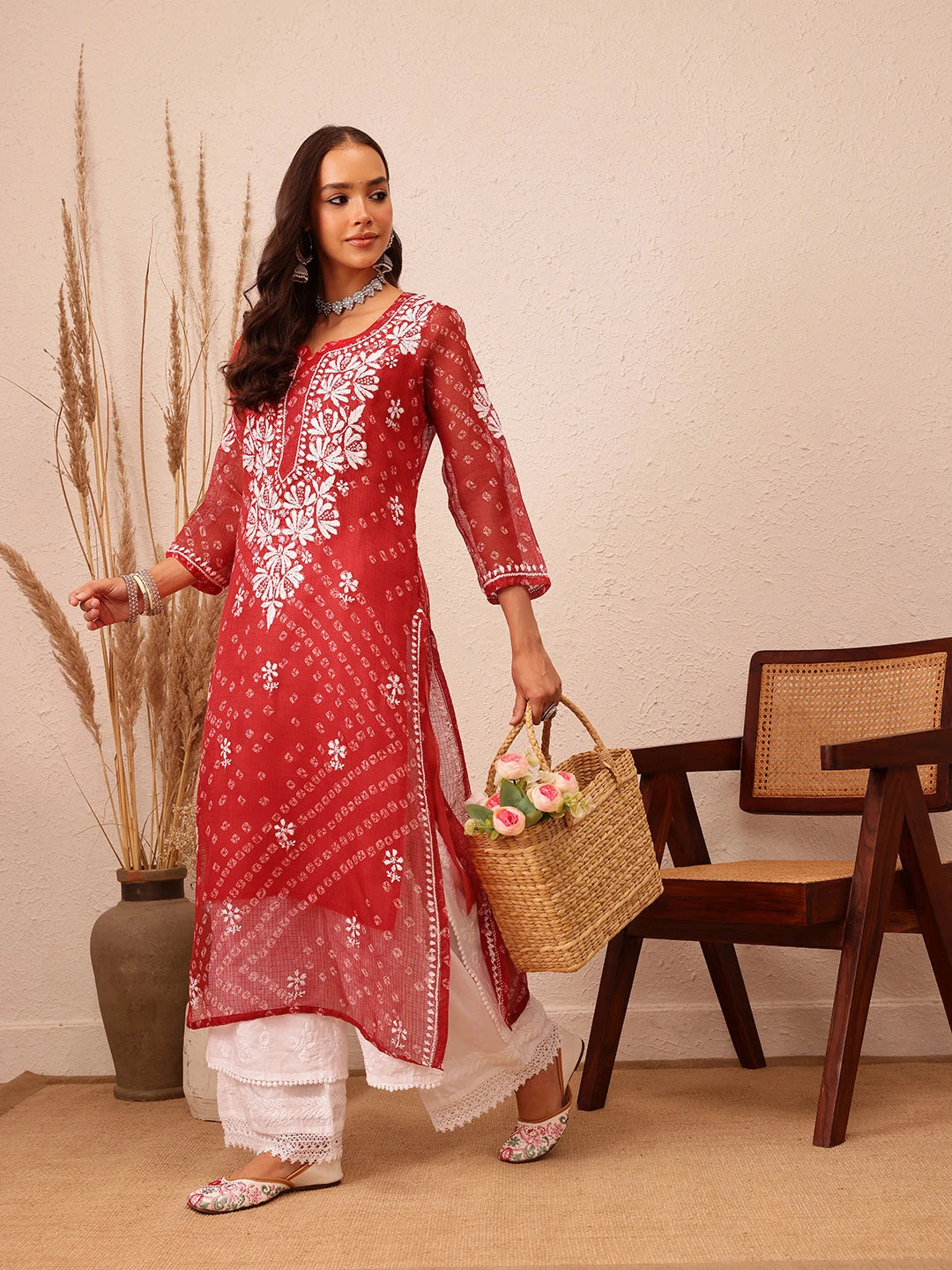 Ada Hand Embroidered Bandhani Printed Red Kota Lucknowi Chikankari Straight Kurta With Slip A411713