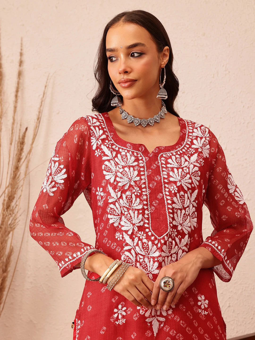 Ada Hand Embroidered Bandhani Printed Red Kota Lucknowi Chikankari Straight Kurta With Slip A411713