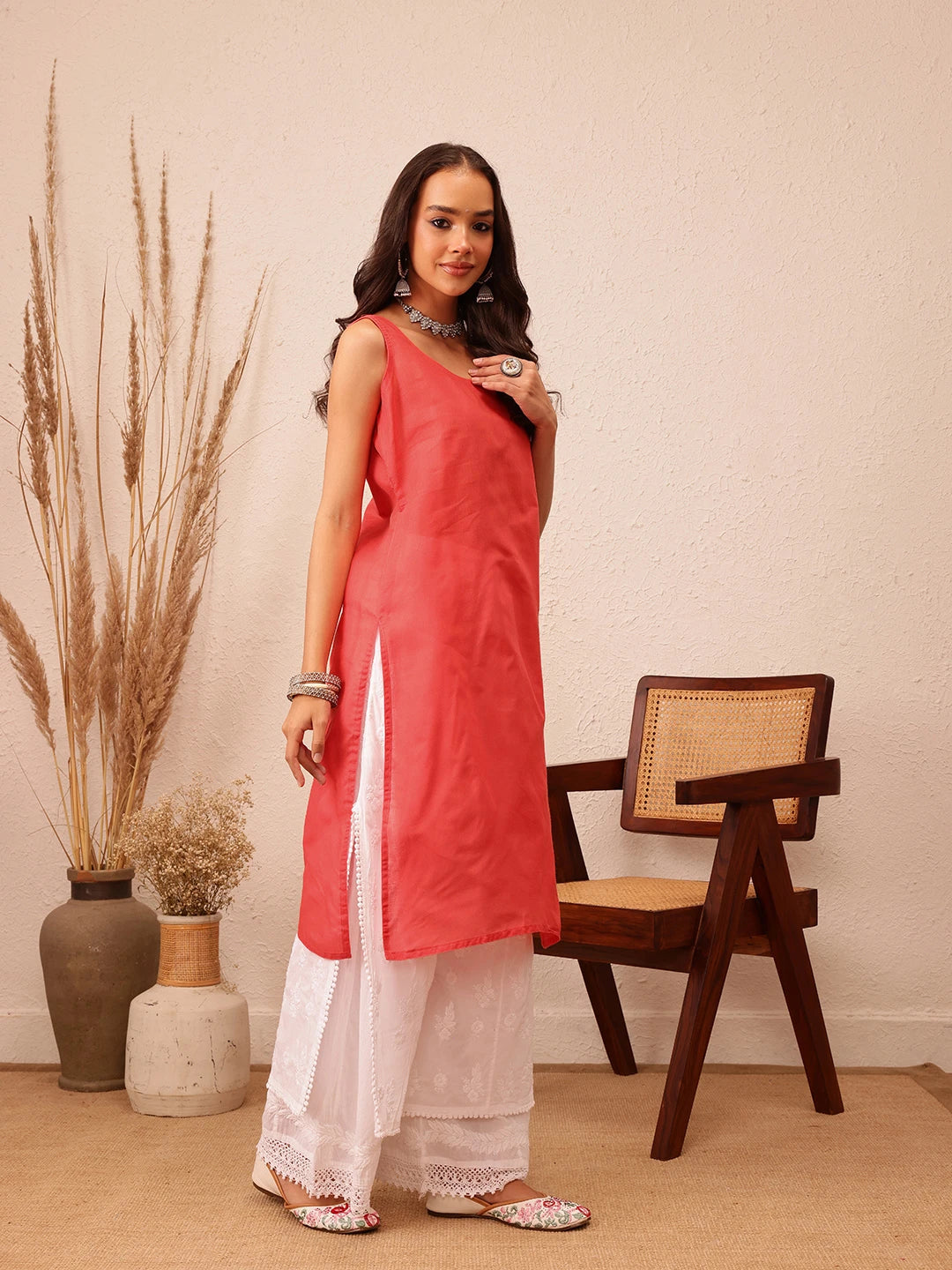 Ada Hand Embroidered Bandhani Printed Red Kota Lucknowi Chikankari Straight Kurta With Slip A411713