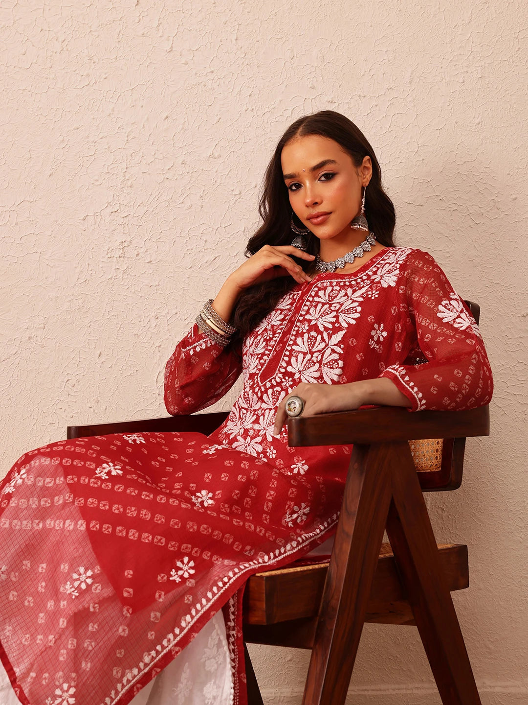 Ada Hand Embroidered Bandhani Printed Red Kota Lucknowi Chikankari Straight Kurta With Slip A411713