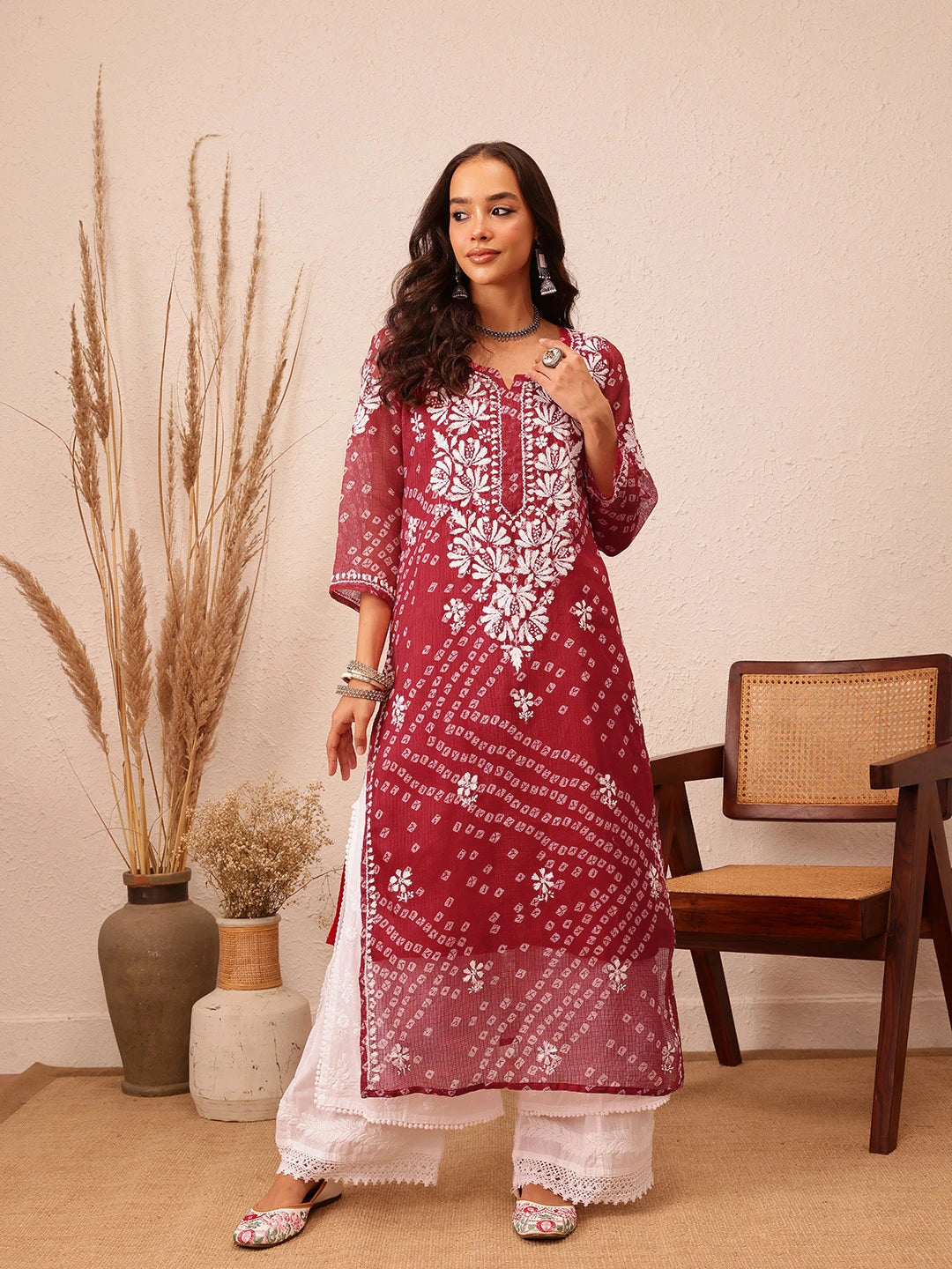 Ada Hand Embroidered Bandhani Printed Maroon Kota Lucknowi Chikankari Straight Kurta With Slip A411717
