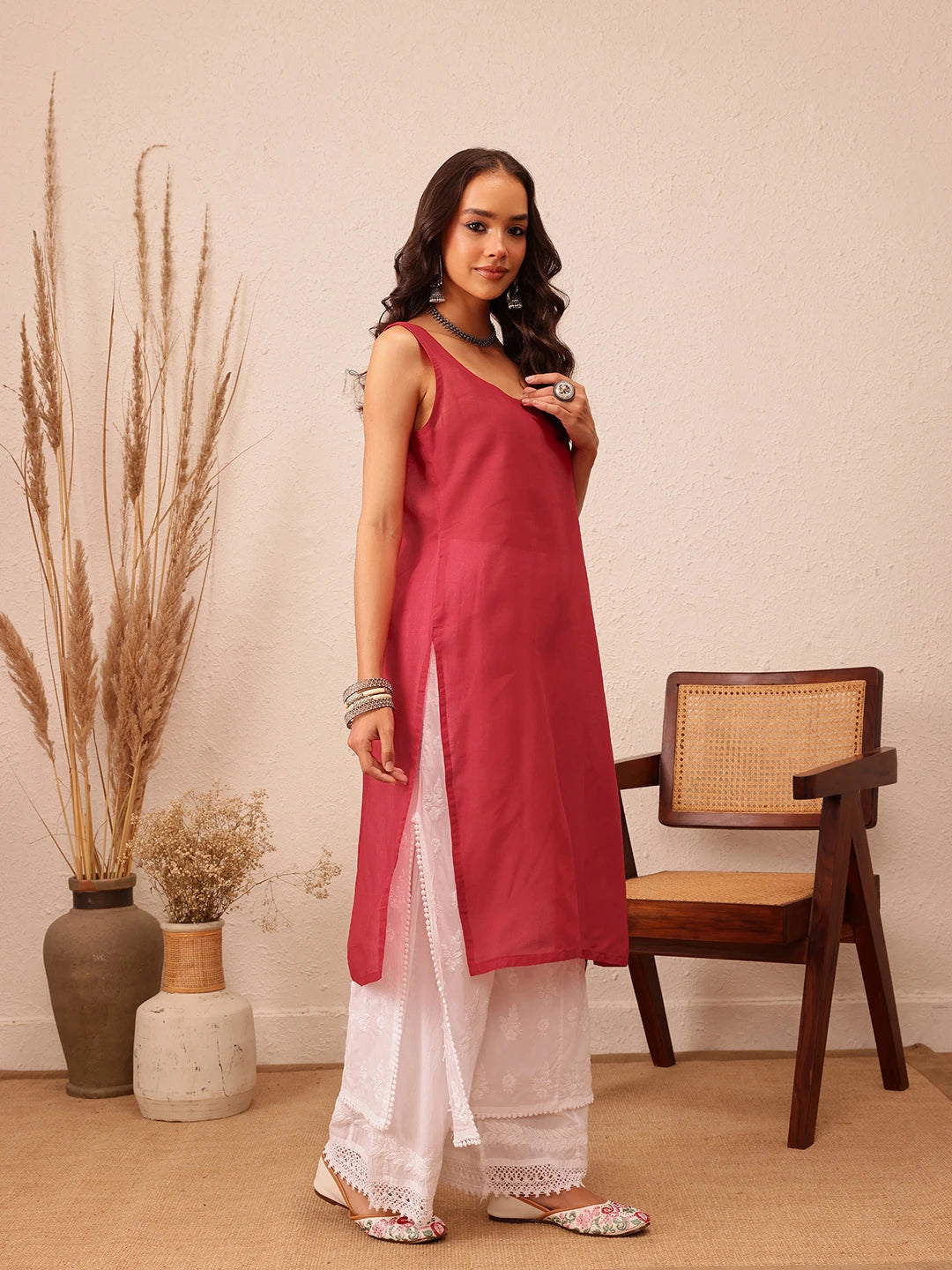 Ada Hand Embroidered Bandhani Printed Maroon Kota Lucknowi Chikankari Straight Kurta With Slip A411717