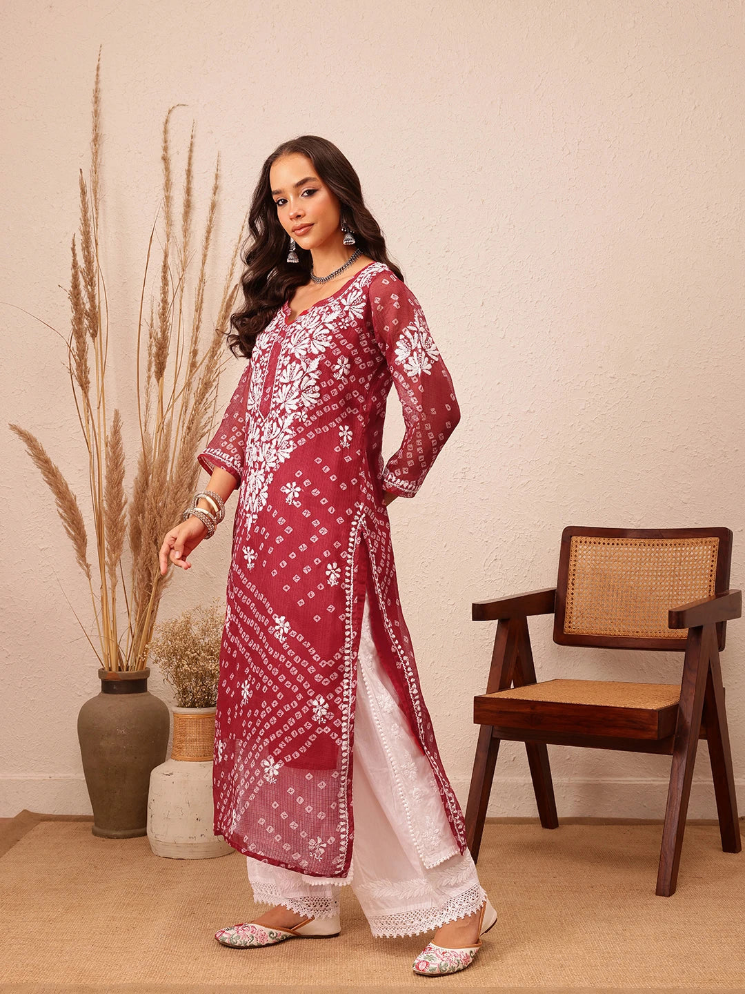 Ada Hand Embroidered Bandhani Printed Maroon Kota Lucknowi Chikankari Straight Kurta With Slip A411717
