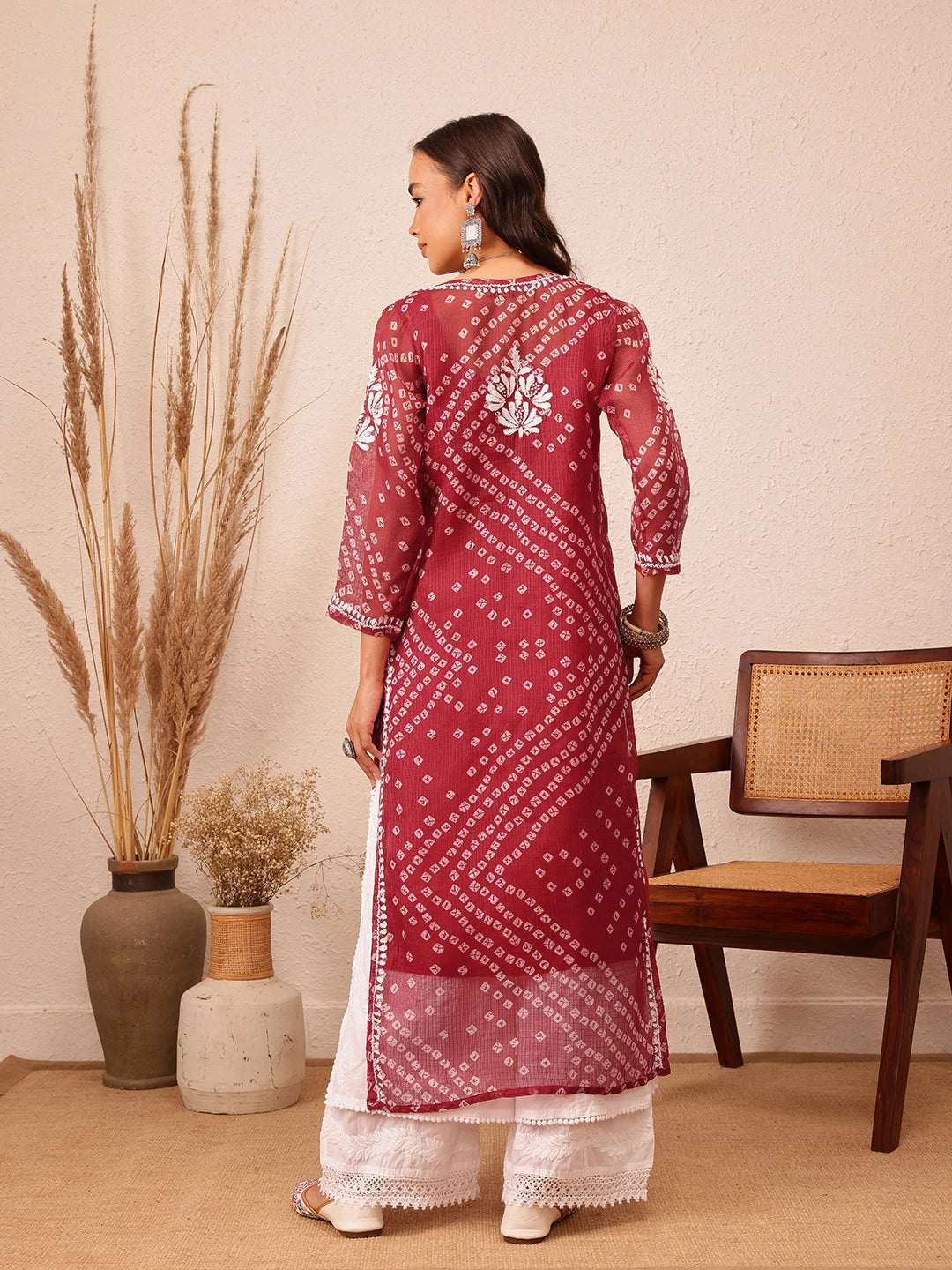 Ada Hand Embroidered Bandhani Printed Maroon Kota Lucknowi Chikankari Straight Kurta With Slip A411717
