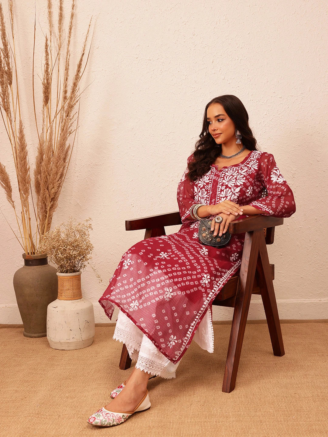 Ada Hand Embroidered Bandhani Printed Maroon Kota Lucknowi Chikankari Straight Kurta With Slip A411717