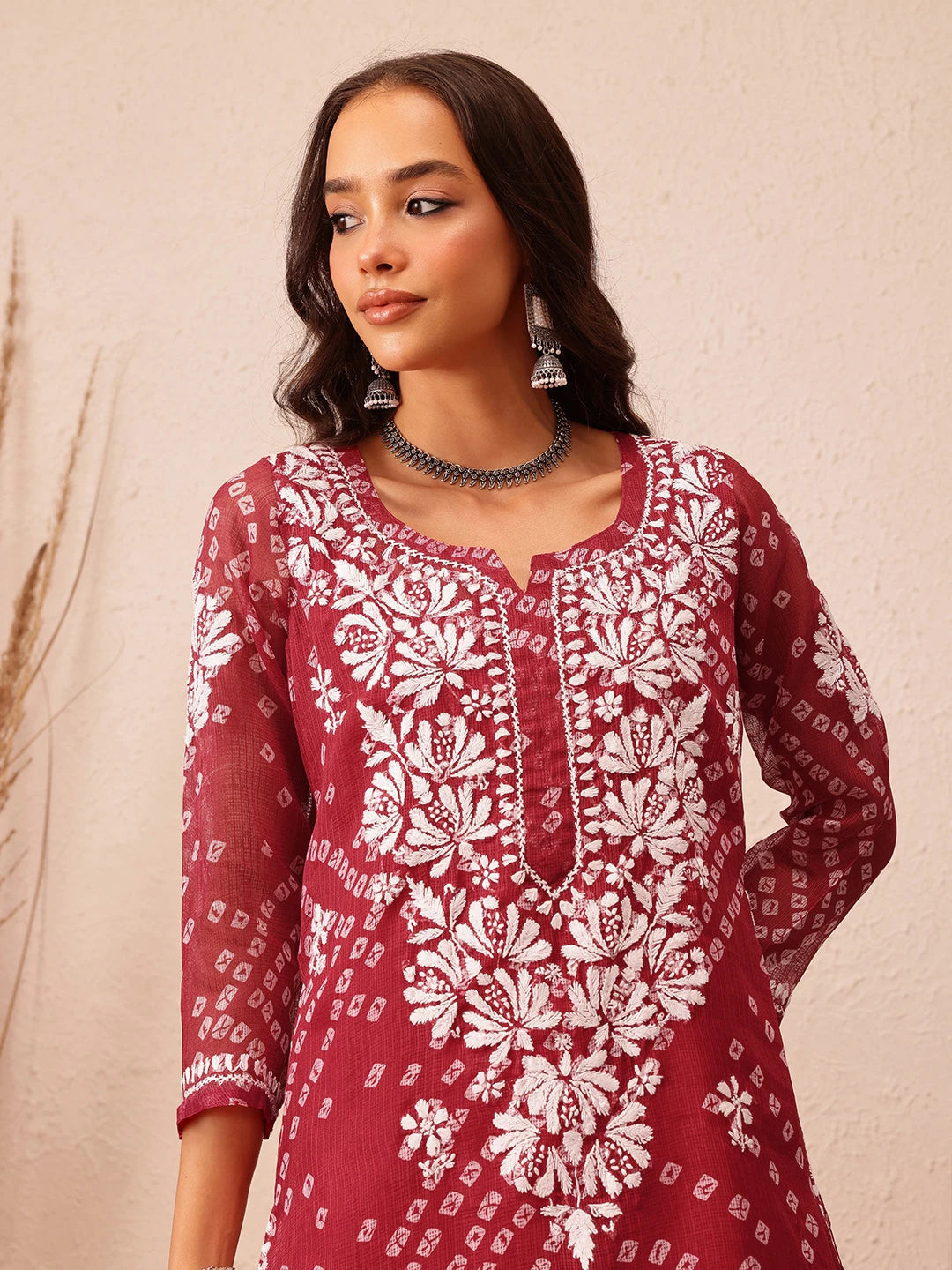 Ada Hand Embroidered Bandhani Printed Maroon Kota Lucknowi Chikankari Straight Kurta With Slip A411717