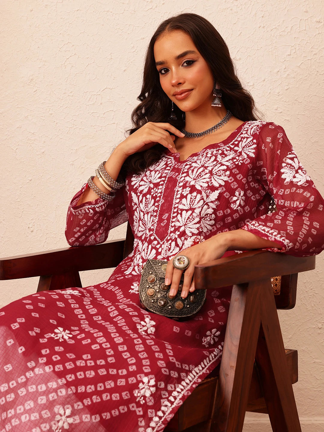 Ada Hand Embroidered Bandhani Printed Maroon Kota Lucknowi Chikankari Straight Kurta With Slip A411717
