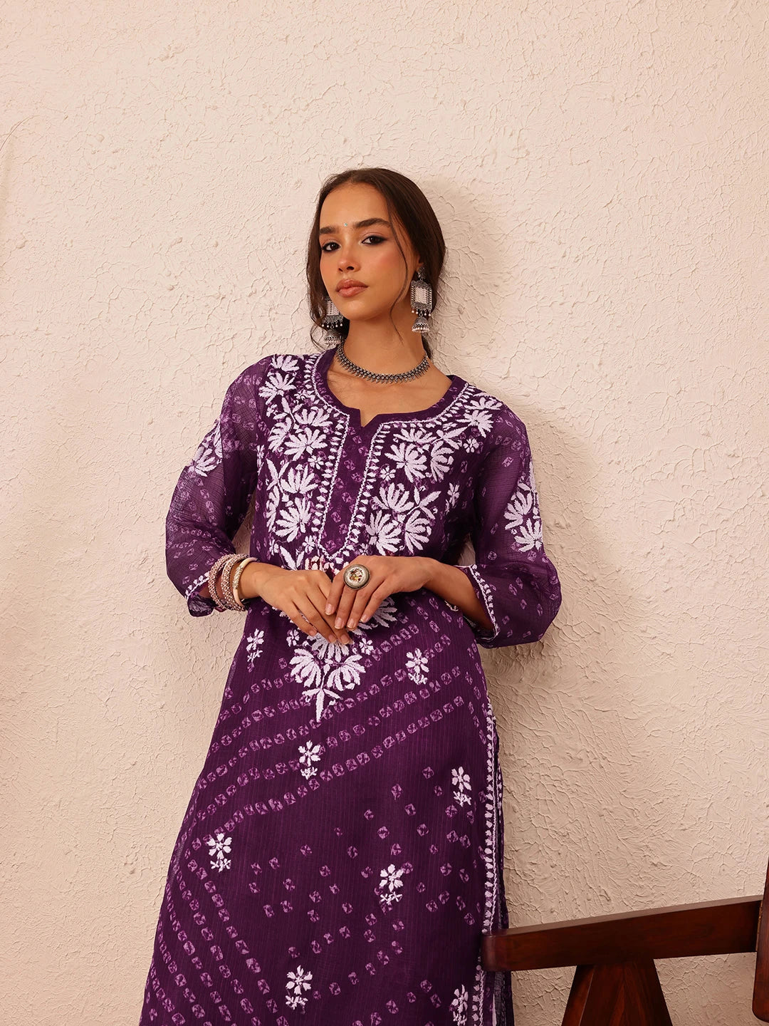 Ada Hand Embroidered Bandhani Printed Wine Kota Lucknowi Chikankari Straight Kurta With Slip A411720