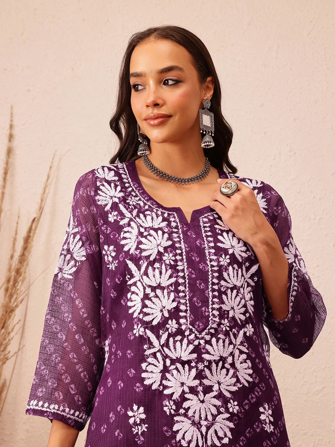 Ada Hand Embroidered Bandhani Printed Wine Kota Lucknowi Chikankari Straight Kurta With Slip A411720