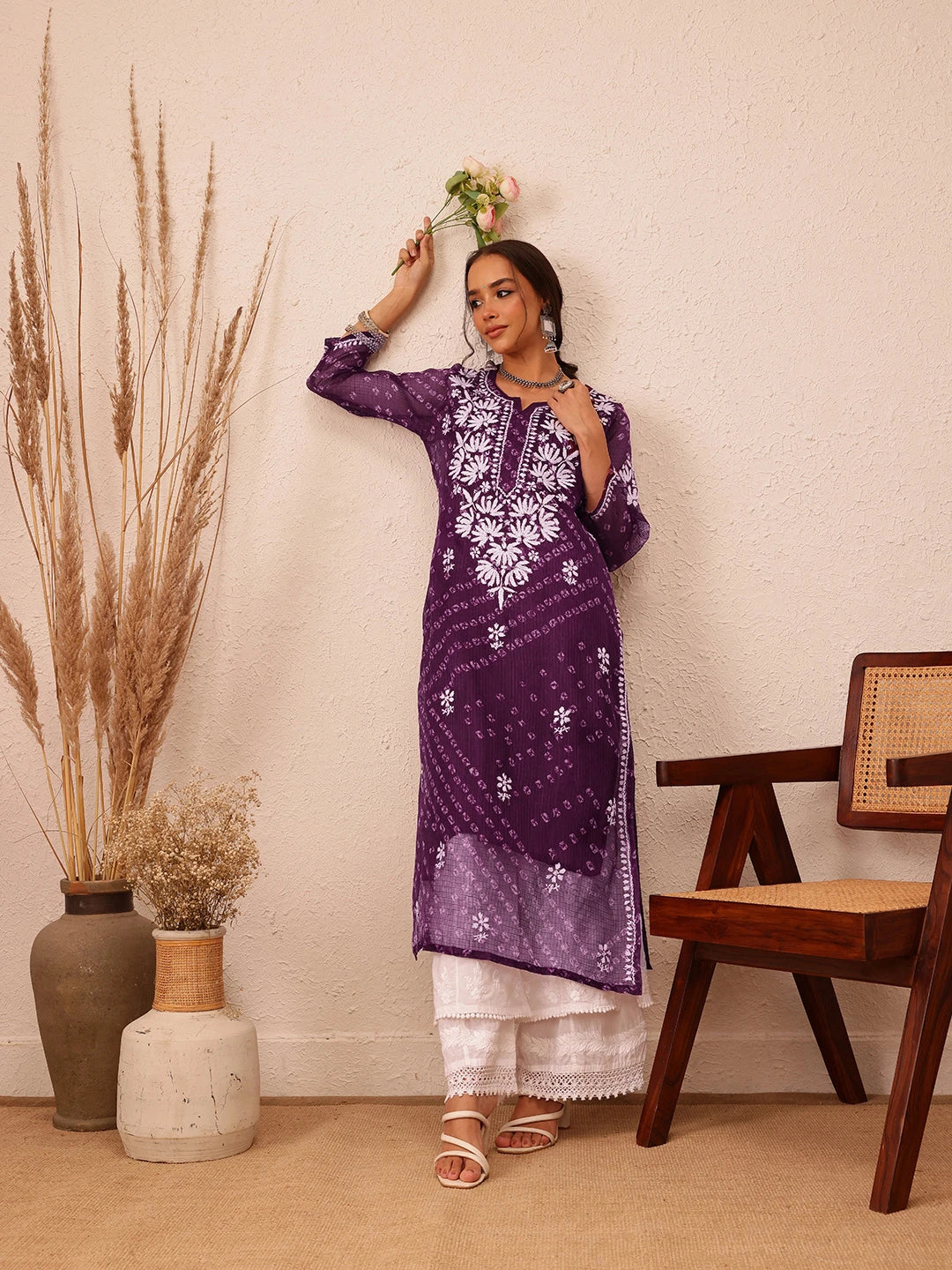 Ada Hand Embroidered Bandhani Printed Wine Kota Lucknowi Chikankari Straight Kurta With Slip A411720