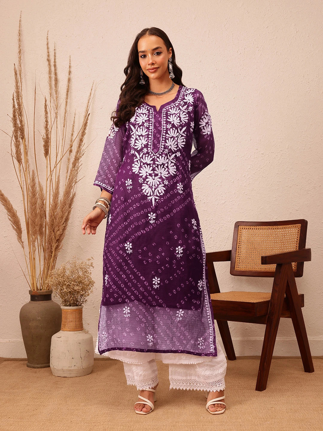Ada Hand Embroidered Bandhani Printed Wine Kota Lucknowi Chikankari Straight Kurta With Slip A411720