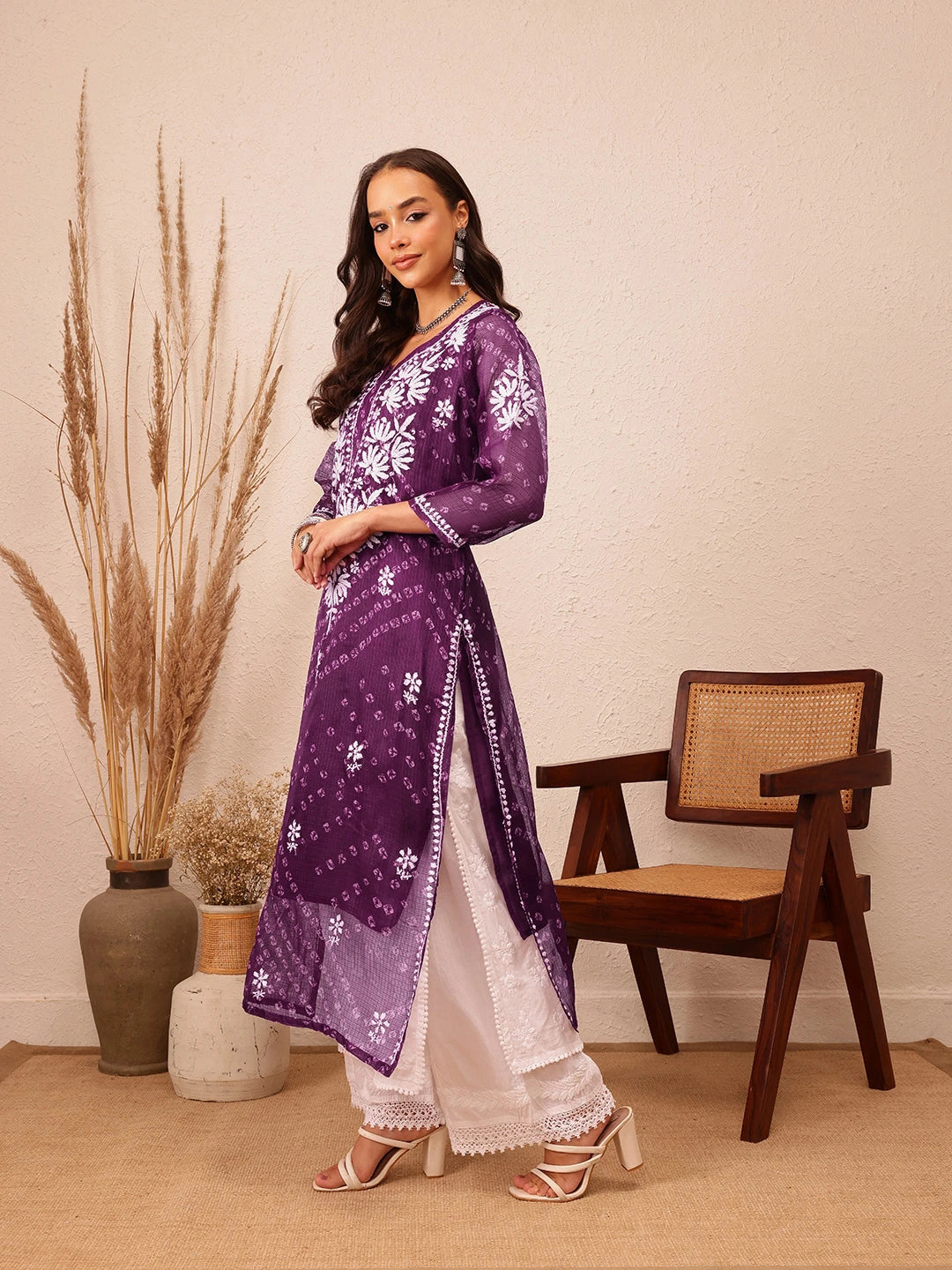 Ada Hand Embroidered Bandhani Printed Wine Kota Lucknowi Chikankari Straight Kurta With Slip A411720