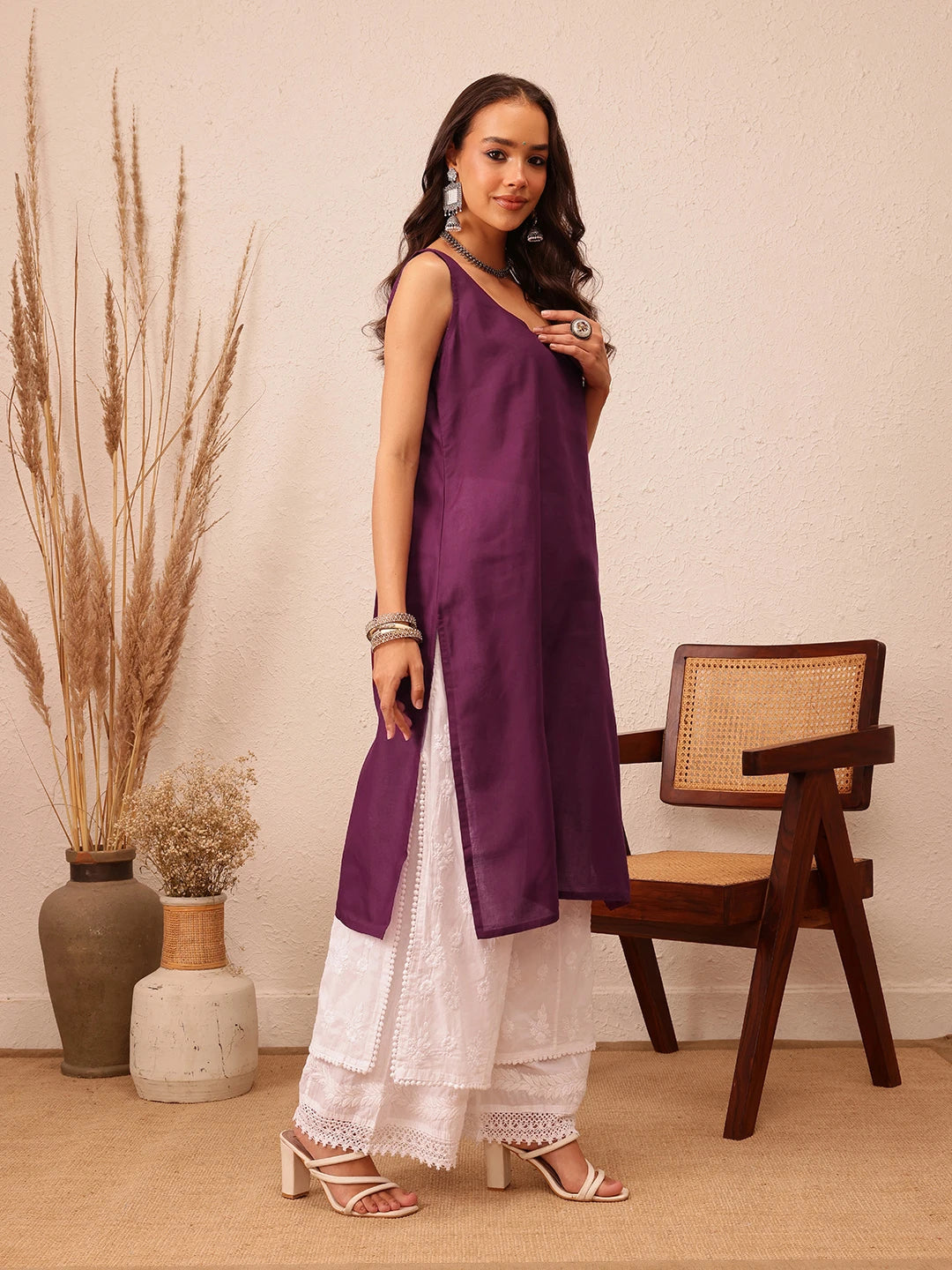 Ada Hand Embroidered Bandhani Printed Wine Kota Lucknowi Chikankari Straight Kurta With Slip A411720