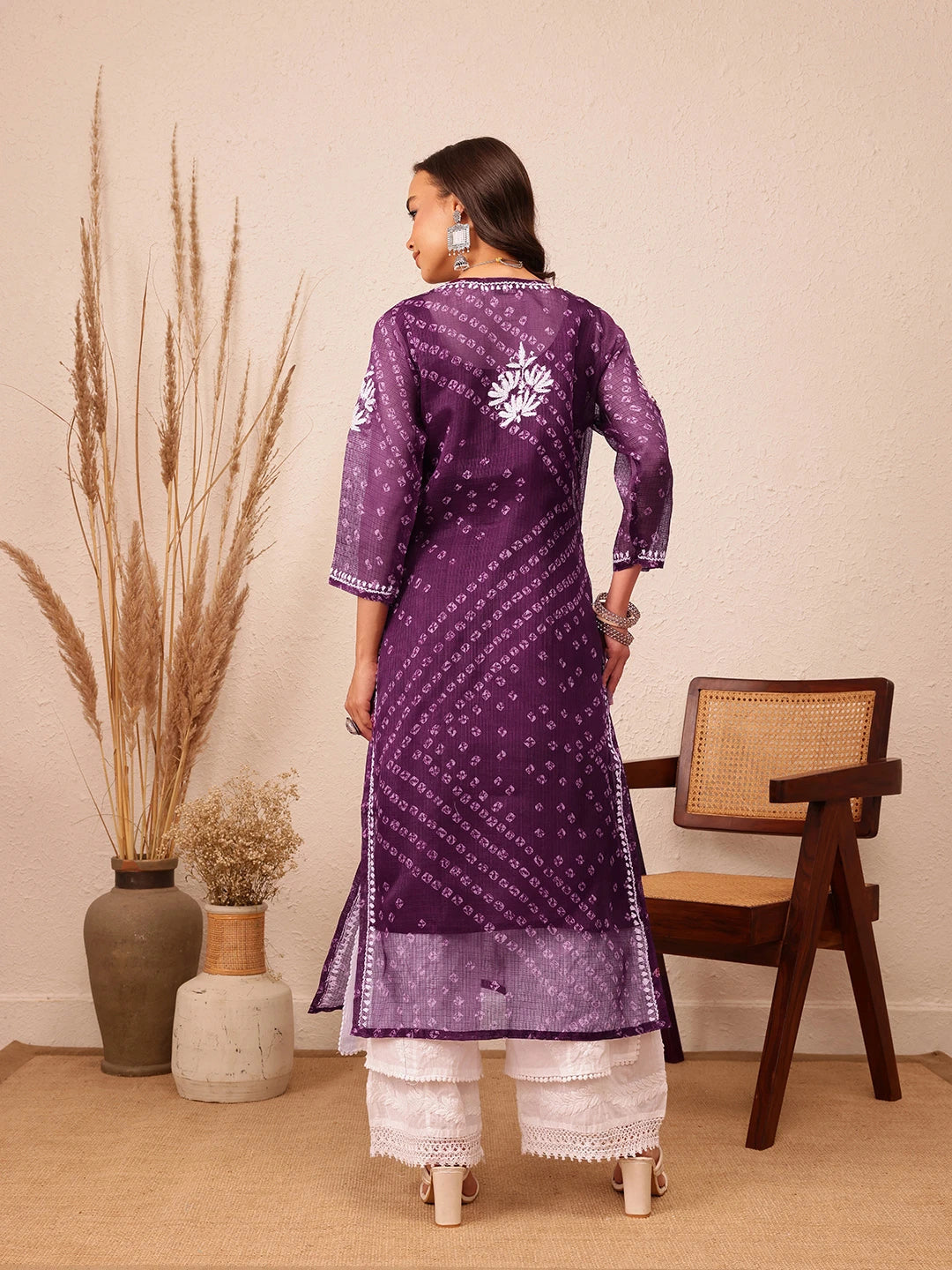 Ada Hand Embroidered Bandhani Printed Wine Kota Lucknowi Chikankari Straight Kurta With Slip A411720