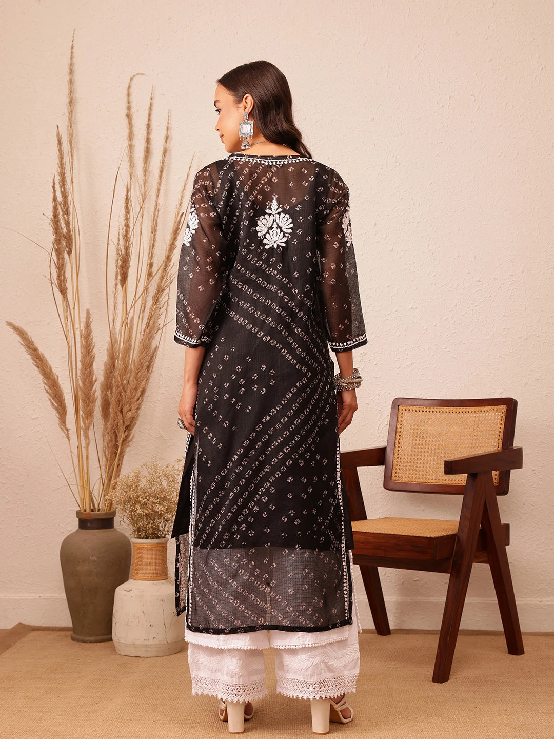 Ada Hand Embroidered Bandhani Printed Black Kota Lucknowi Chikankari Straight Kurta With Slip A411715