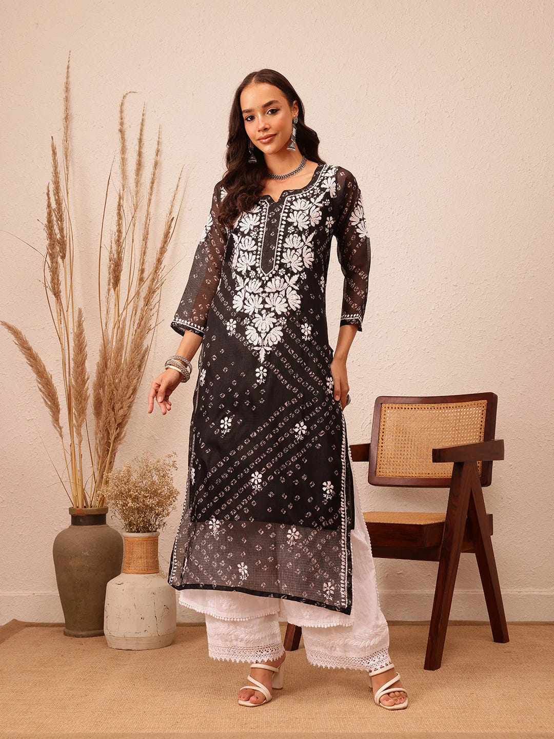Ada Hand Embroidered Bandhani Printed Black Kota Lucknowi Chikankari Straight Kurta With Slip A411715