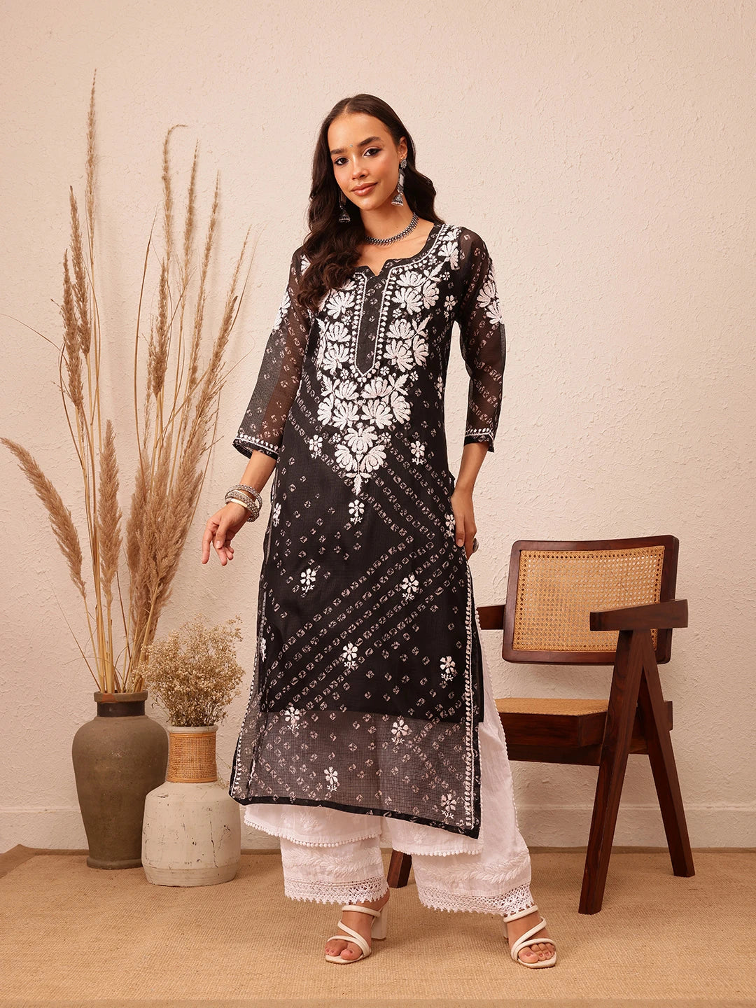 Ada Hand Embroidered Bandhani Printed Black Kota Lucknowi Chikankari Straight Kurta With Slip A411715