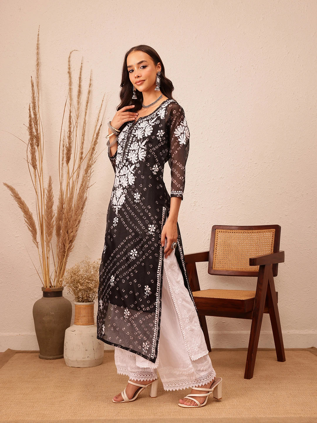Ada Hand Embroidered Bandhani Printed Black Kota Lucknowi Chikankari Straight Kurta With Slip A411715