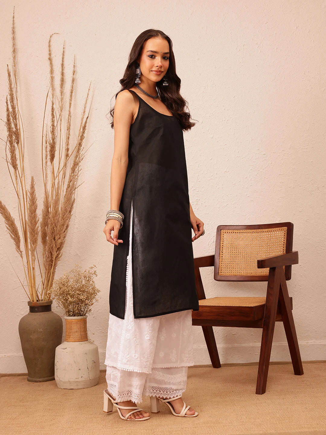 Ada Hand Embroidered Bandhani Printed Black Kota Lucknowi Chikankari Straight Kurta With Slip A411715