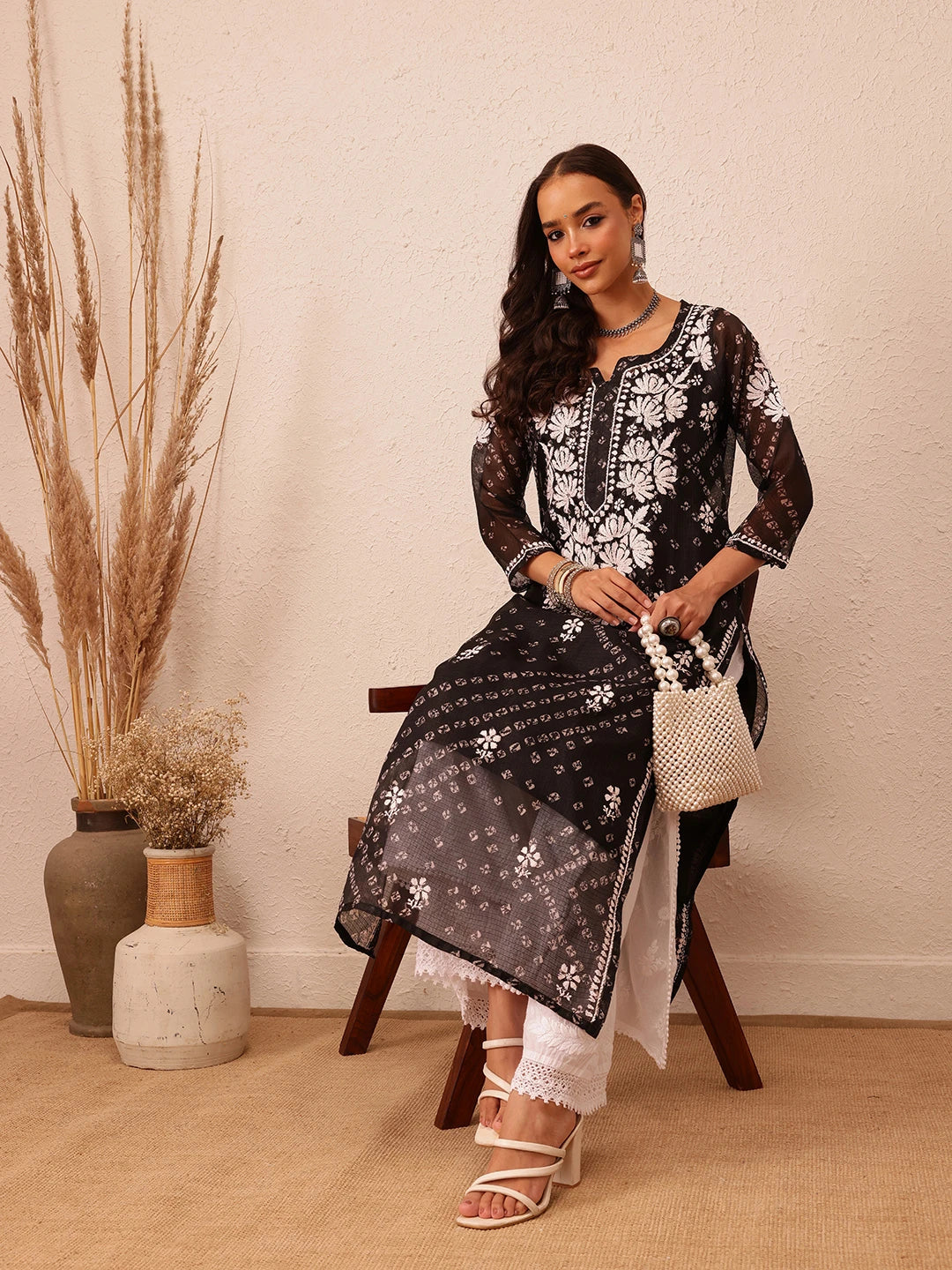 Ada Hand Embroidered Bandhani Printed Black Kota Lucknowi Chikankari Straight Kurta With Slip A411715