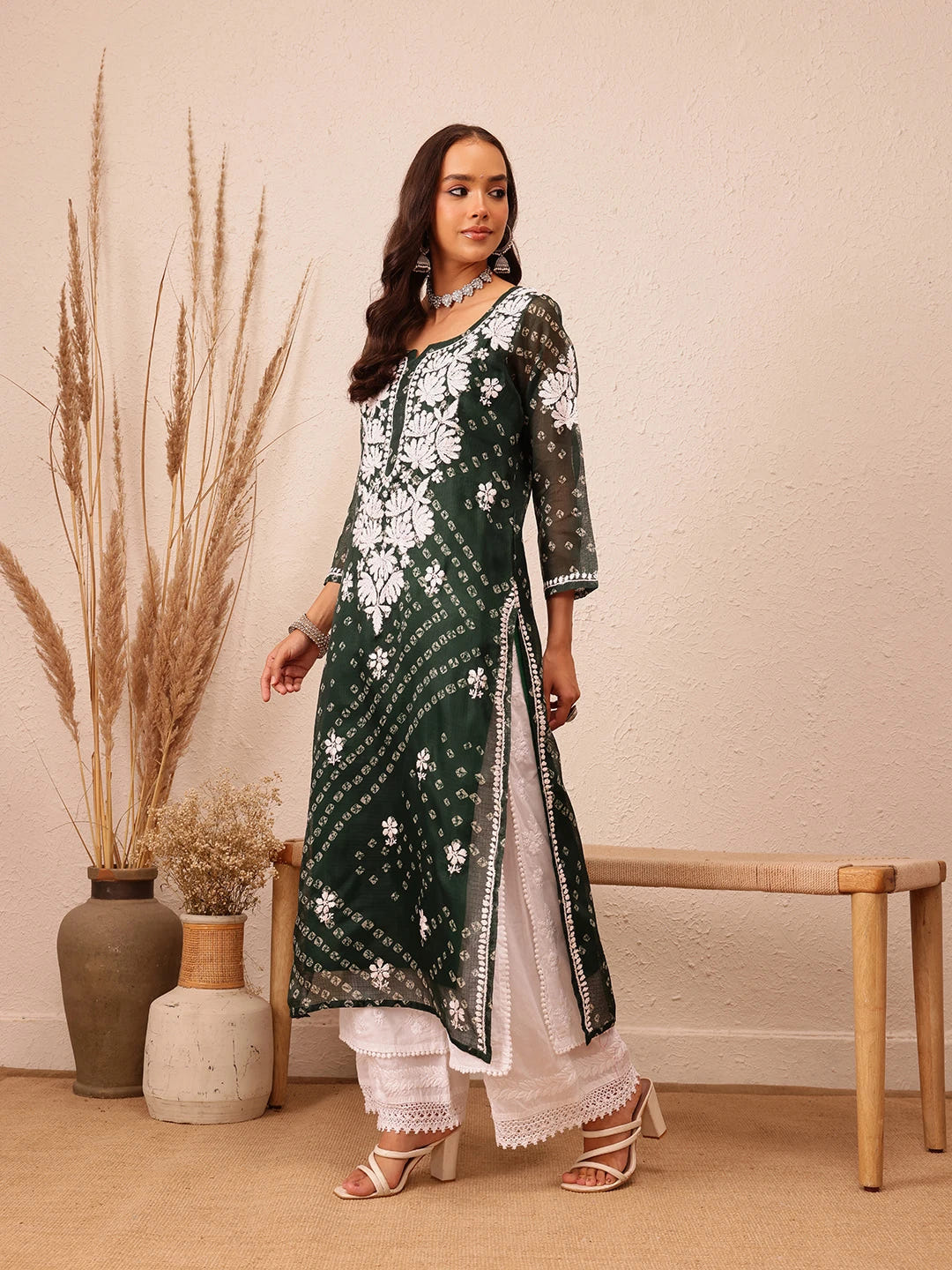 Ada Hand Embroidered Bandhani Printed Green Kota Lucknowi Chikankari Straight Kurta With Slip A411714