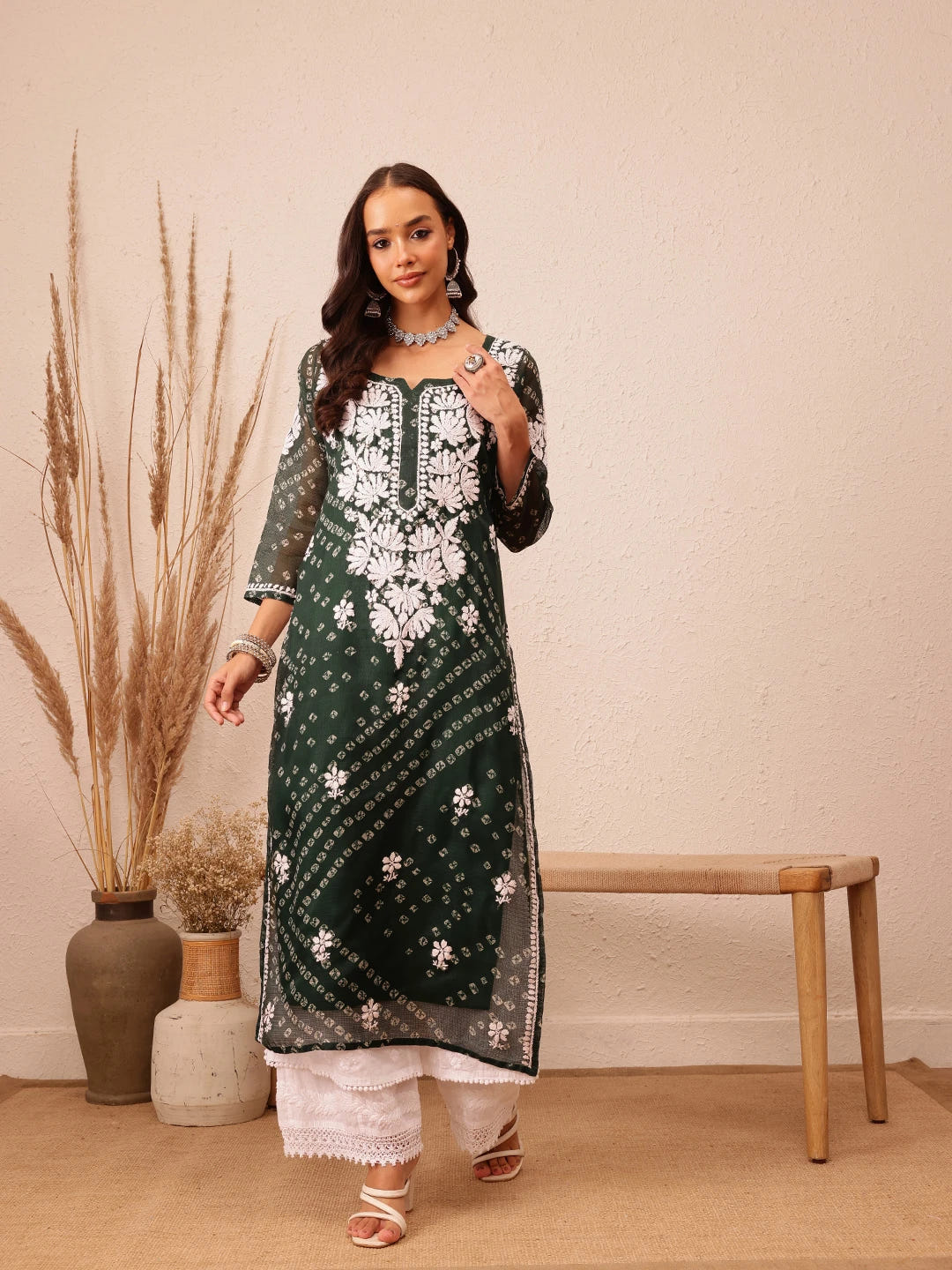 Ada Hand Embroidered Bandhani Printed Green Kota Lucknowi Chikankari Straight Kurta With Slip A411714