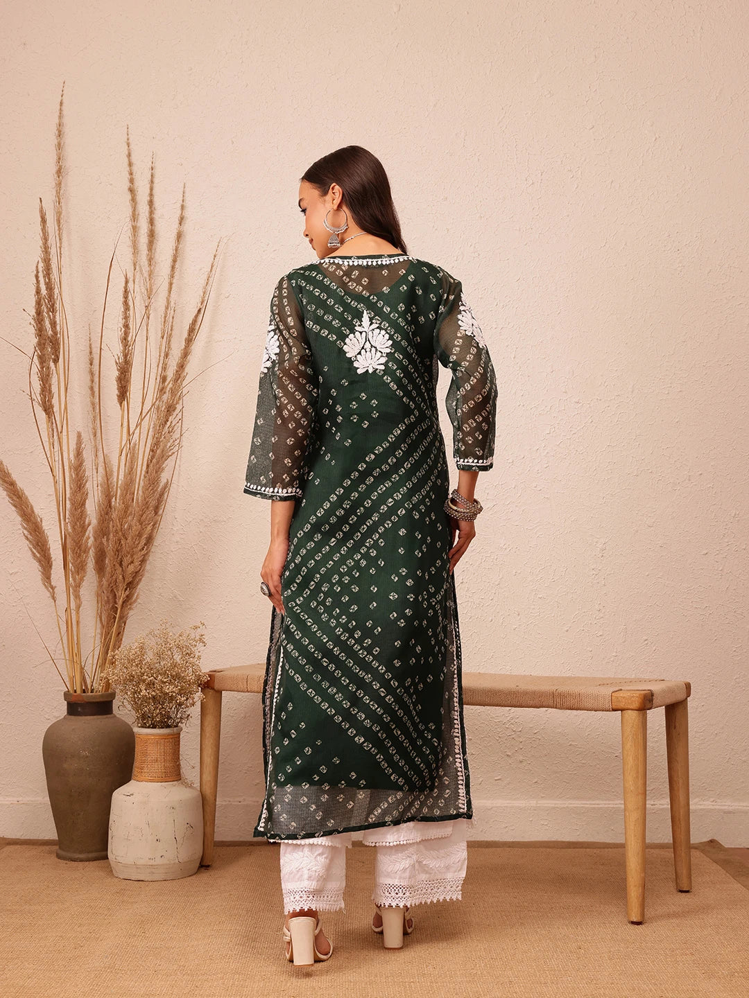 Ada Hand Embroidered Bandhani Printed Green Kota Lucknowi Chikankari Straight Kurta With Slip A411714