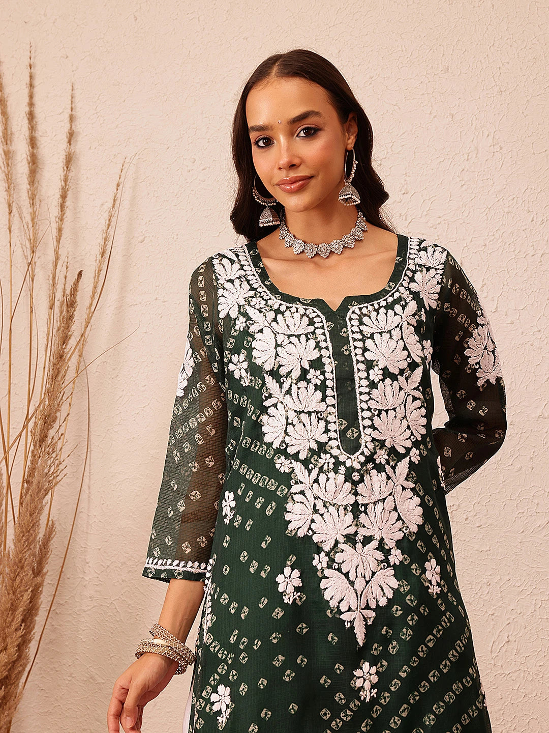 Ada Hand Embroidered Bandhani Printed Green Kota Lucknowi Chikankari Straight Kurta With Slip A411714