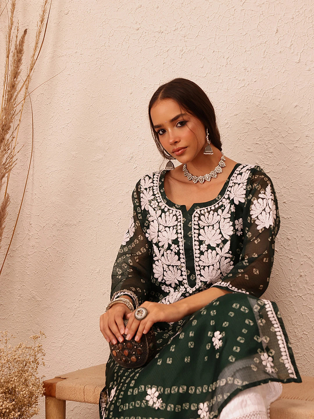 Ada Hand Embroidered Bandhani Printed Green Kota Lucknowi Chikankari Straight Kurta With Slip A411714