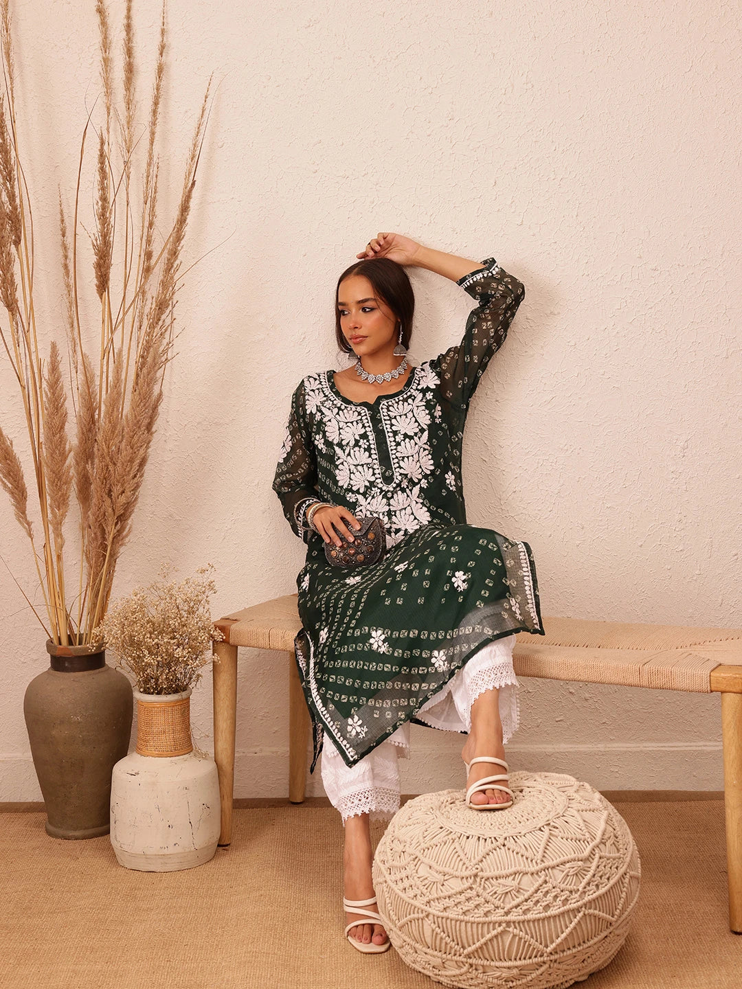 Ada Hand Embroidered Bandhani Printed Green Kota Lucknowi Chikankari Straight Kurta With Slip A411714