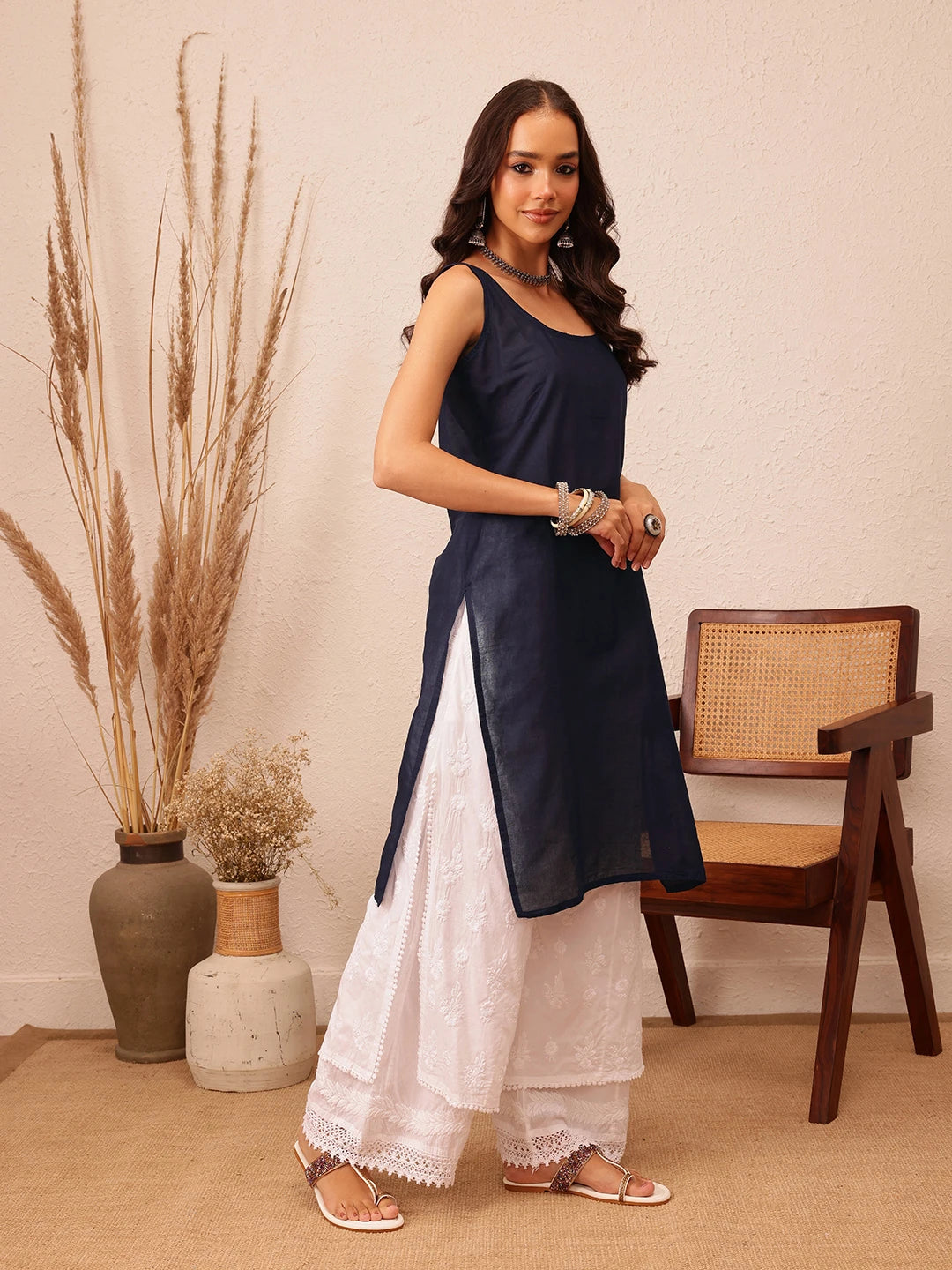 Ada Hand Embroidered Bandhani Printed Navy Blue Kota Lucknowi Chikankari Straight Kurta With Slip A411716