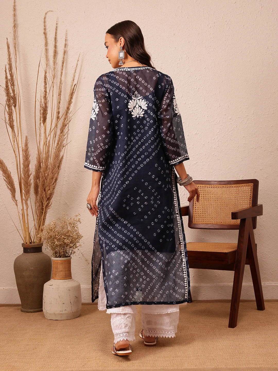 Ada Hand Embroidered Bandhani Printed Navy Blue Kota Lucknowi Chikankari Straight Kurta With Slip A411716