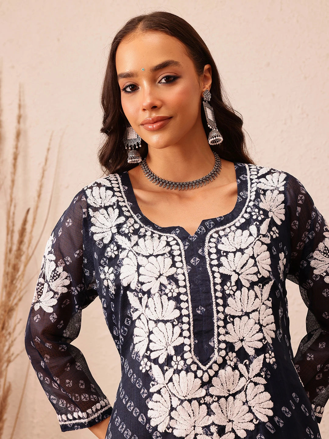 Ada Hand Embroidered Bandhani Printed Navy Blue Kota Lucknowi Chikankari Straight Kurta With Slip A411716