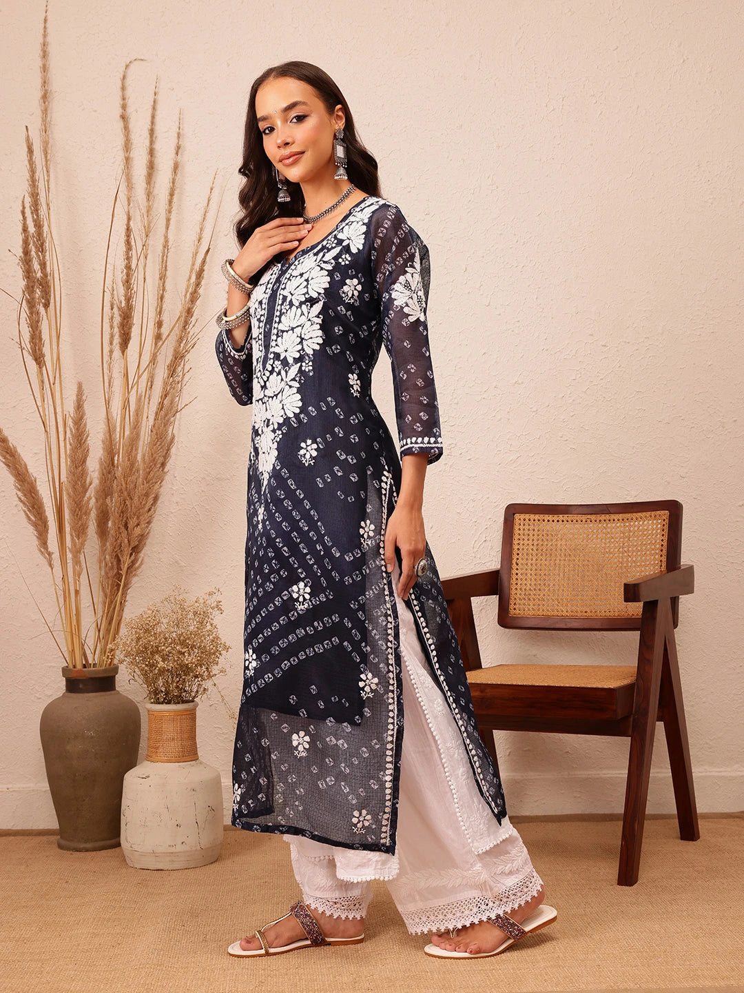 Ada Hand Embroidered Bandhani Printed Navy Blue Kota Lucknowi Chikankari Straight Kurta With Slip A411716