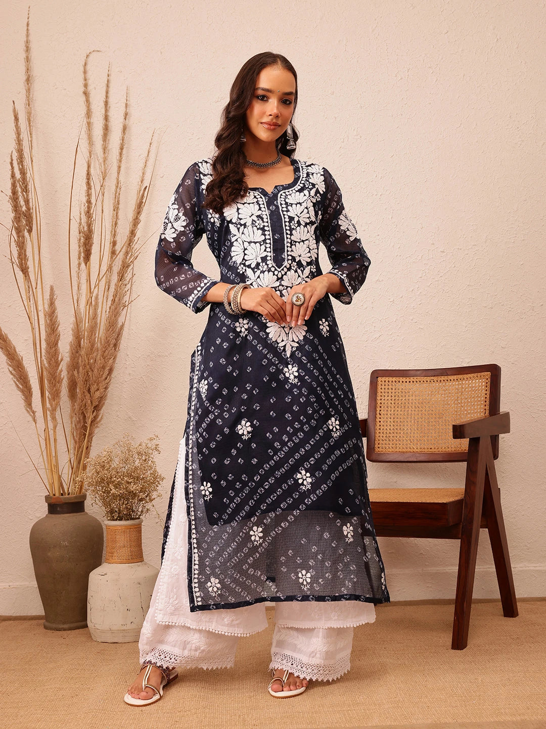 Ada Hand Embroidered Bandhani Printed Navy Blue Kota Lucknowi Chikankari Straight Kurta With Slip A411716
