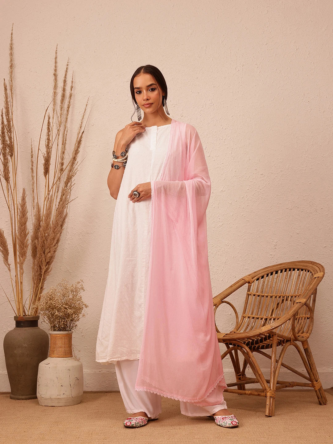 Ada Hand Embroidered Pink Chiffon Lucknowi Chikankari Dupatta A511224